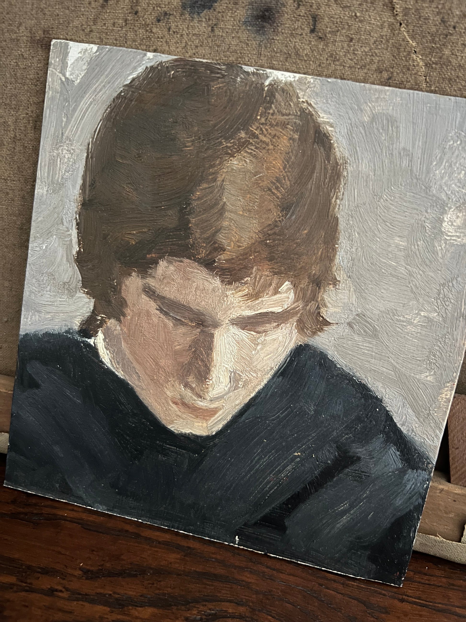 Vintage Mid Century Portrait Oil On Board Man In Navy Jumper