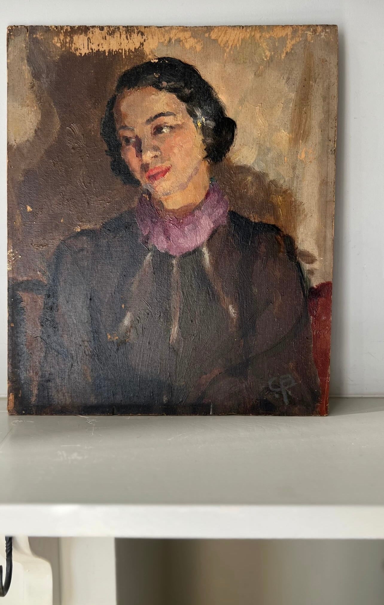 Vintage Mid Century Portrait Oil on Board Lady In Brown Dress