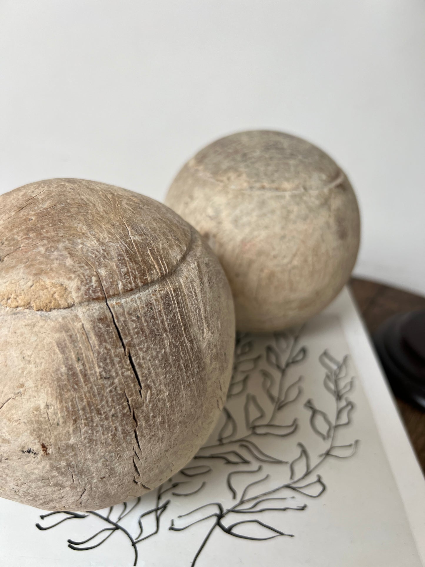 Pair of Antique Weathered Wooden Bowling Balls