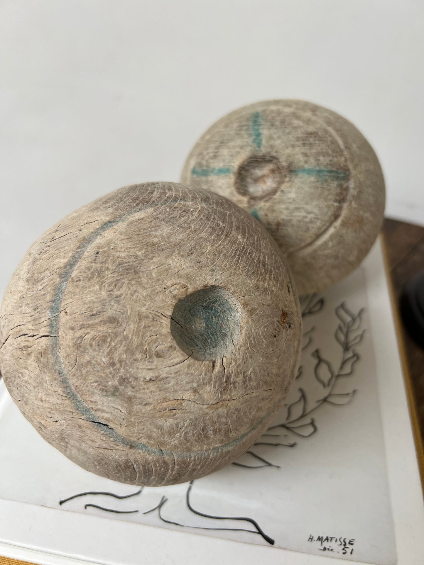 Pair of Antique Weathered Wooden Bowling Balls