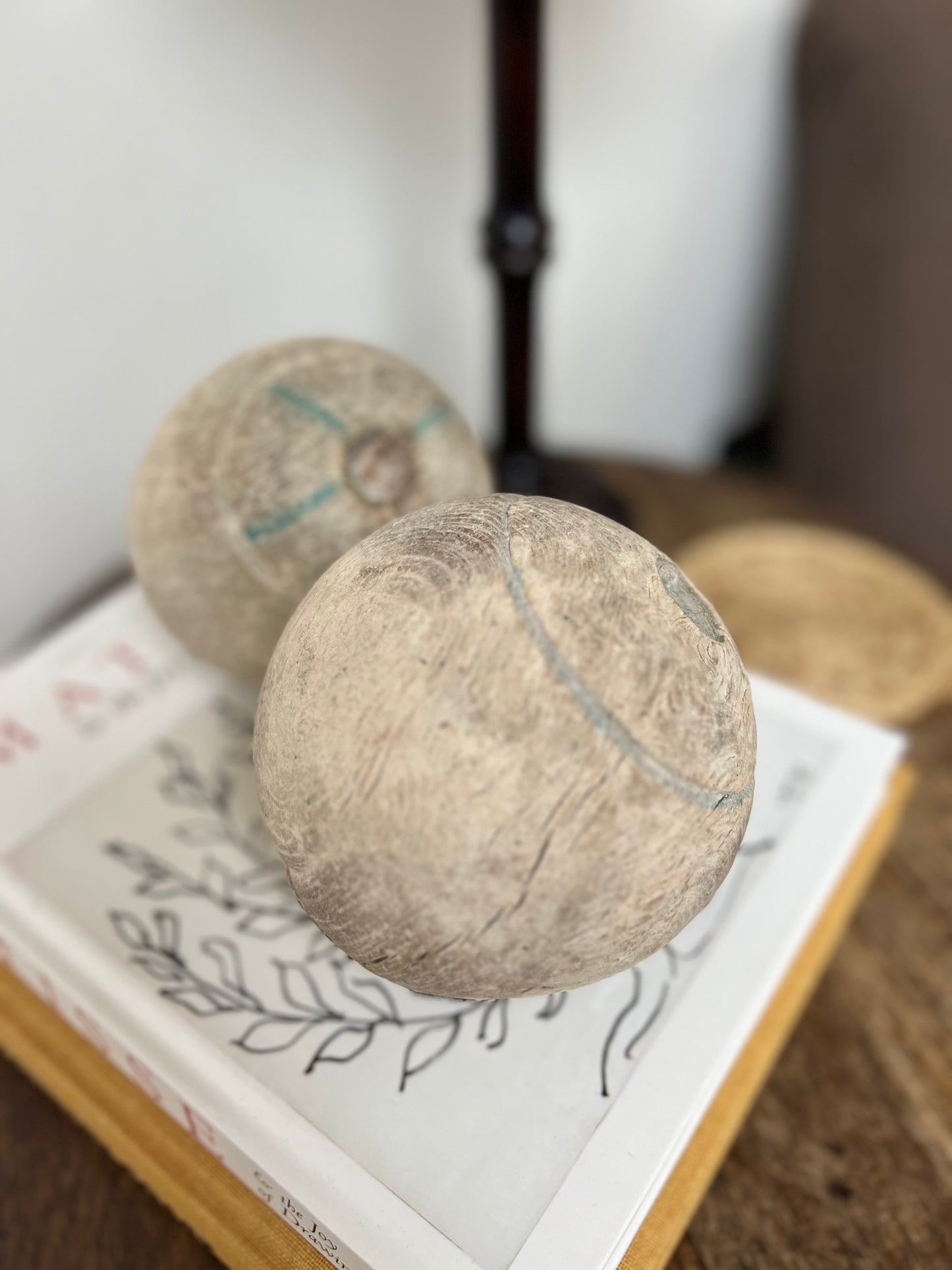 Pair of Antique Weathered Wooden Bowling Balls