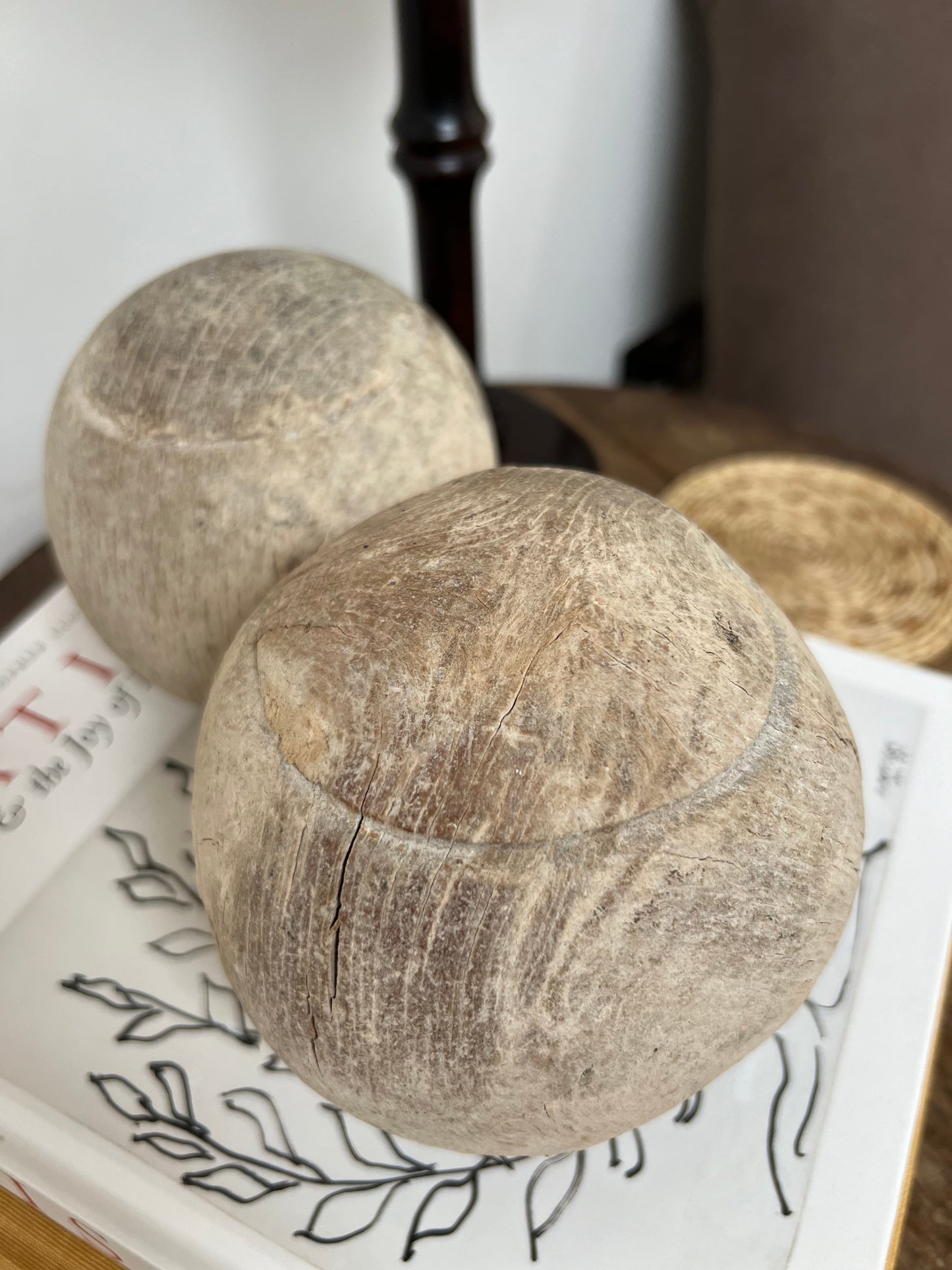 Pair of Antique Weathered Wooden Bowling Balls