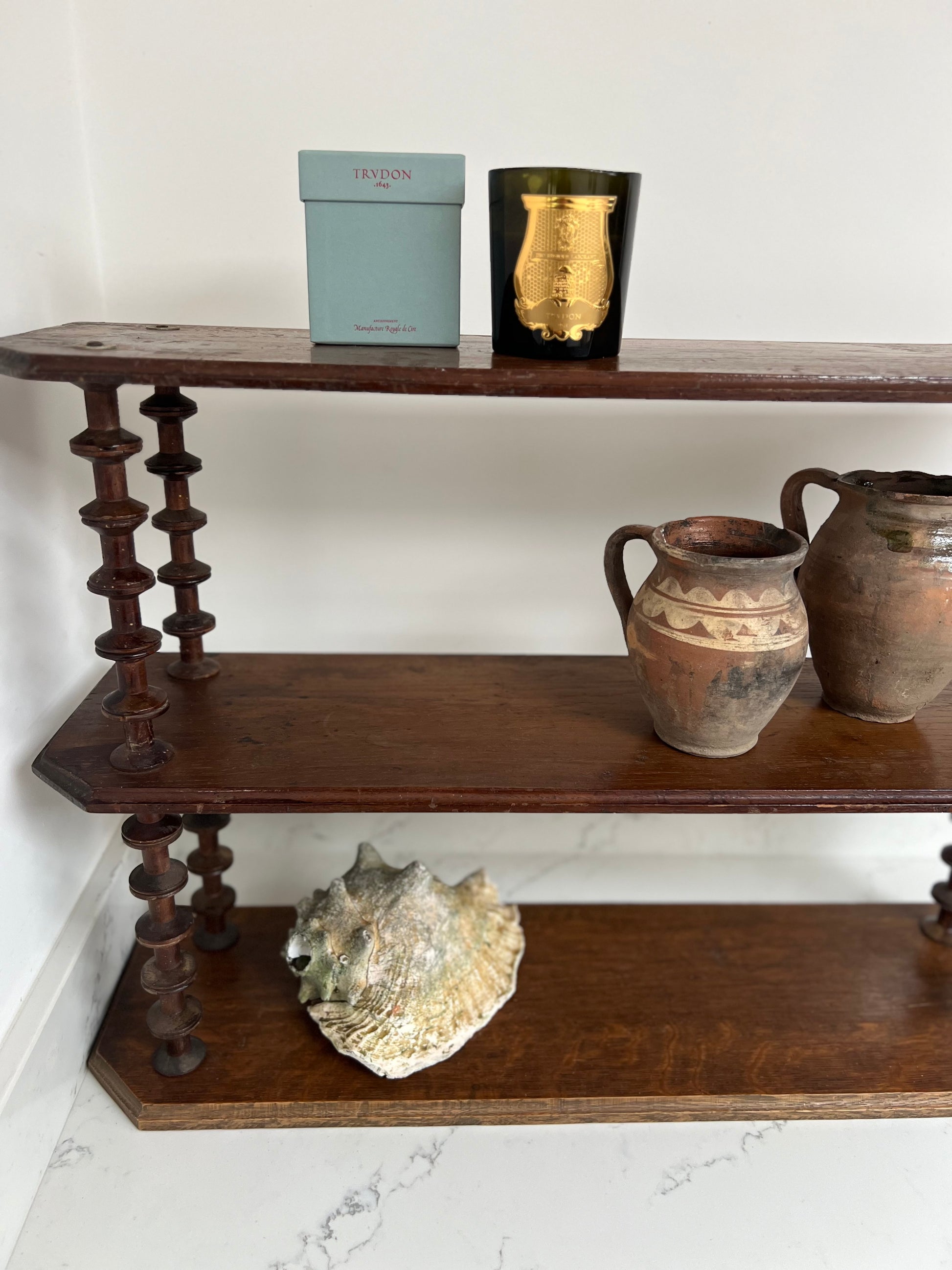 Vintage French Oak Bobbin Spool Folk Art Hanging Shelves