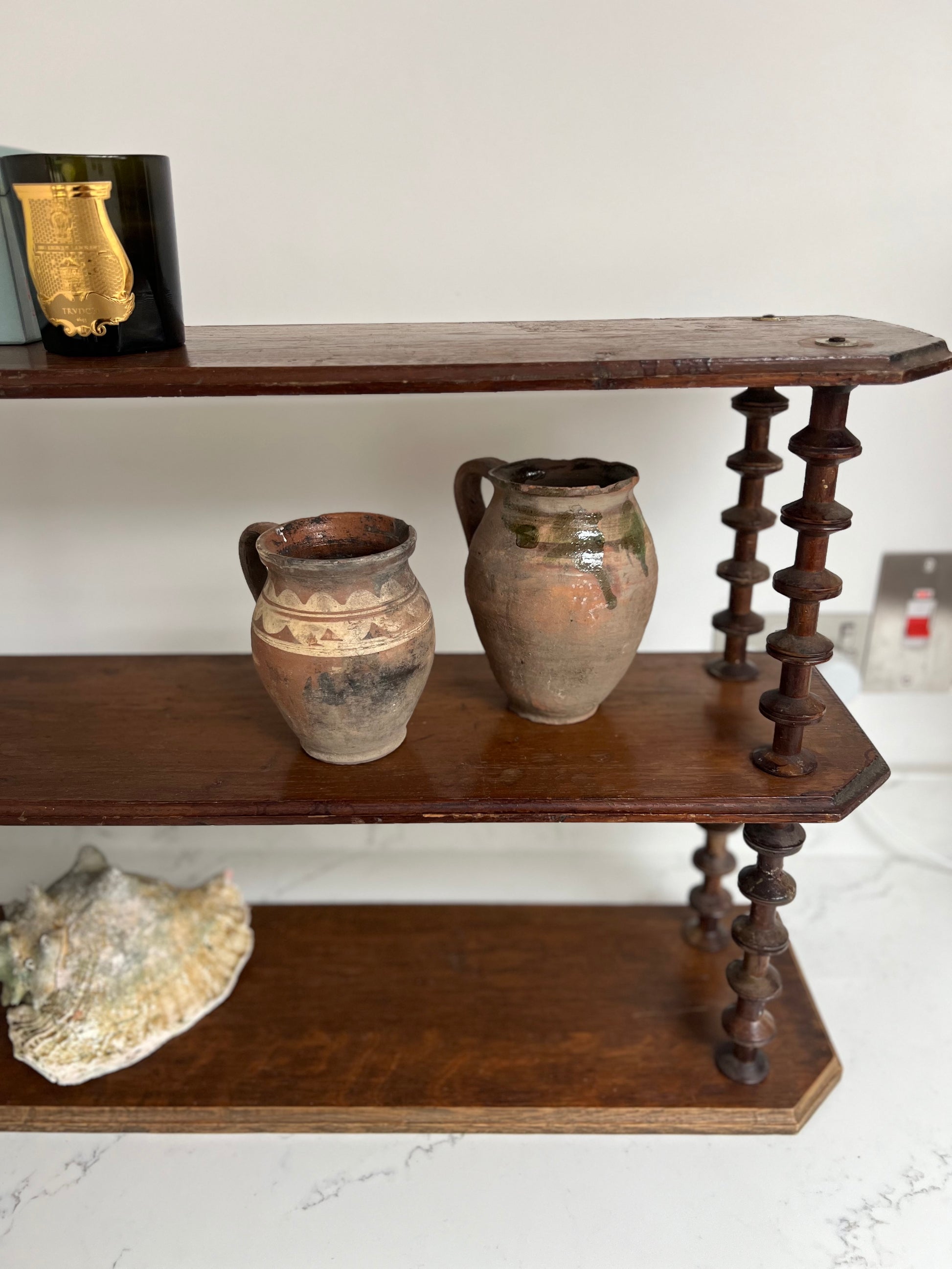 Vintage French Oak Bobbin Spool Folk Art Hanging Shelves