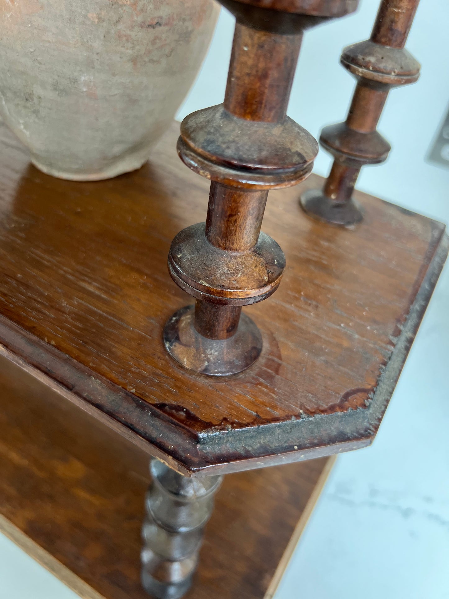 Vintage French Oak Bobbin Spool Folk Art Hanging Shelves