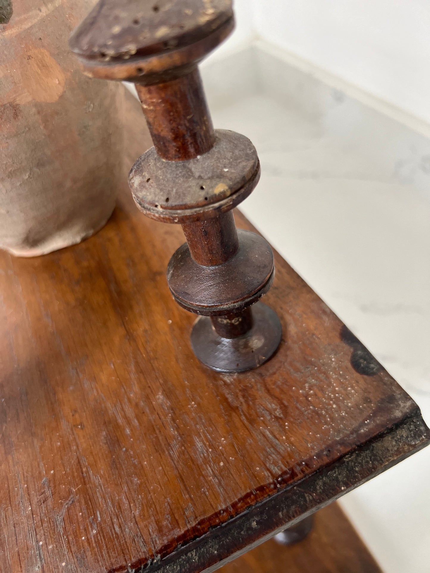 Vintage French Oak Bobbin Spool Folk Art Hanging Shelves