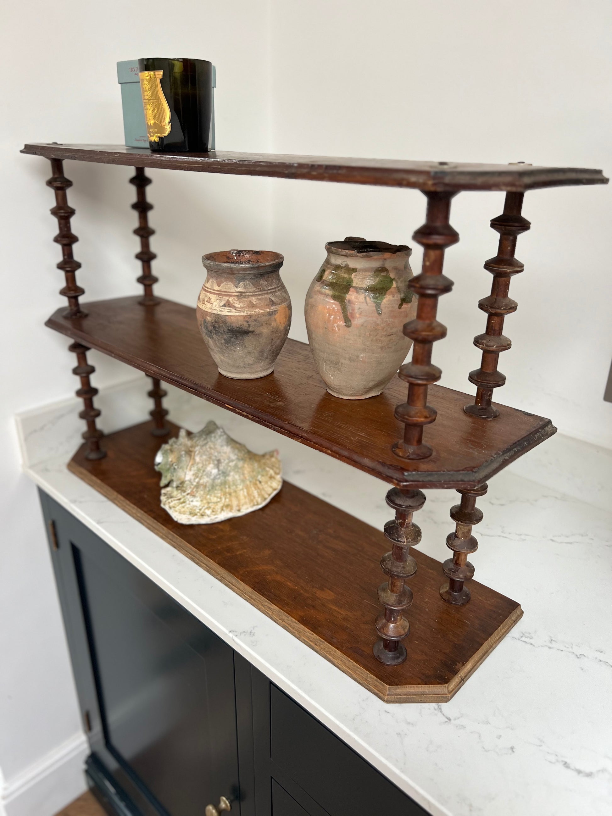 Vintage French Oak Bobbin Spool Folk Art Hanging Shelves