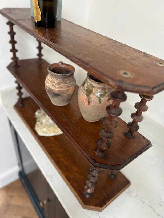 Vintage French Oak Bobbin Spool Folk Art Hanging Shelves