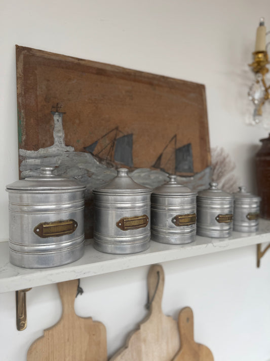 Set Of 5 Vintage French Aluminium Stacking Canisters With Brass Labels