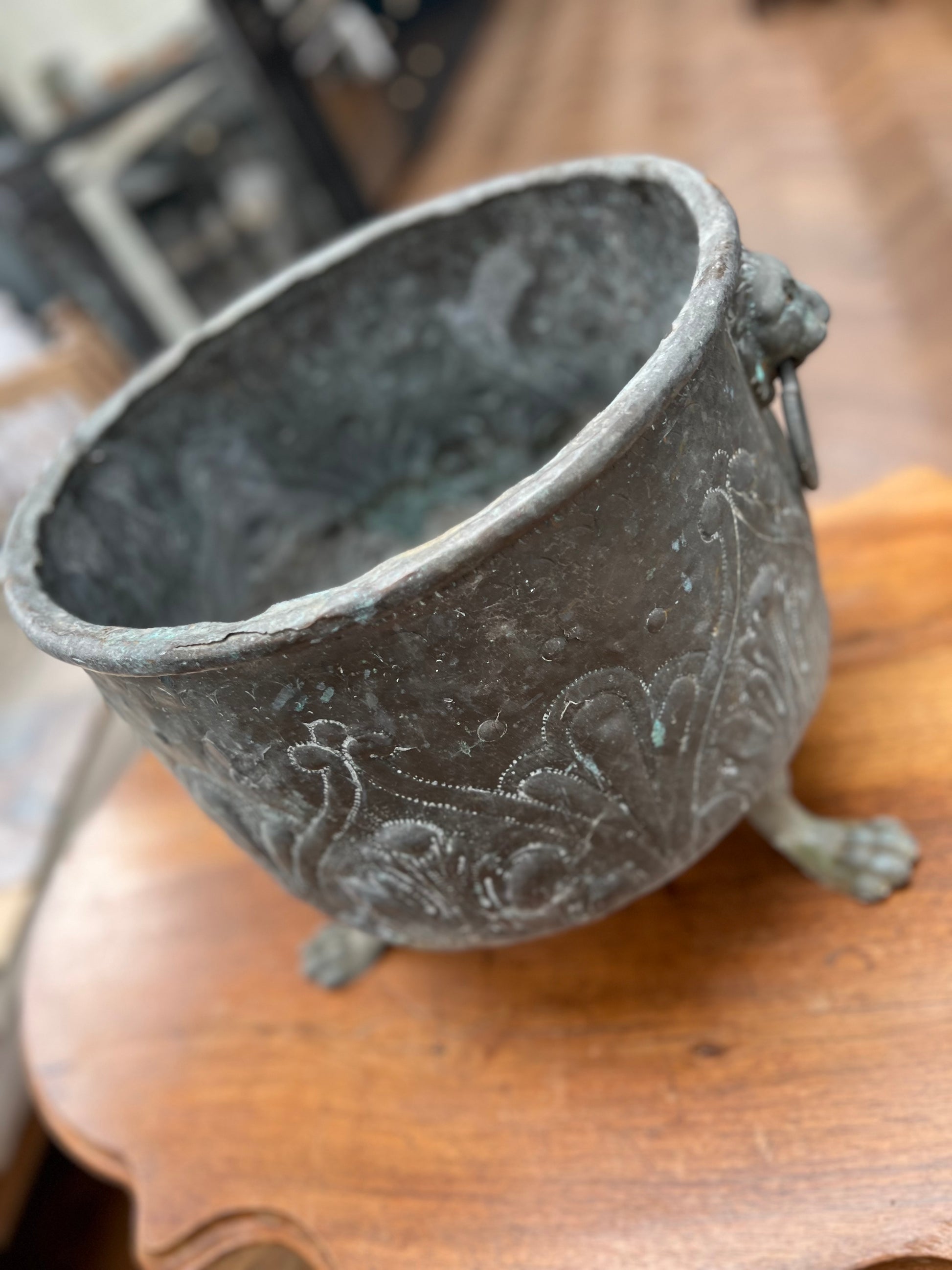 Antique Copper Planter/ Repoussé Log Bin