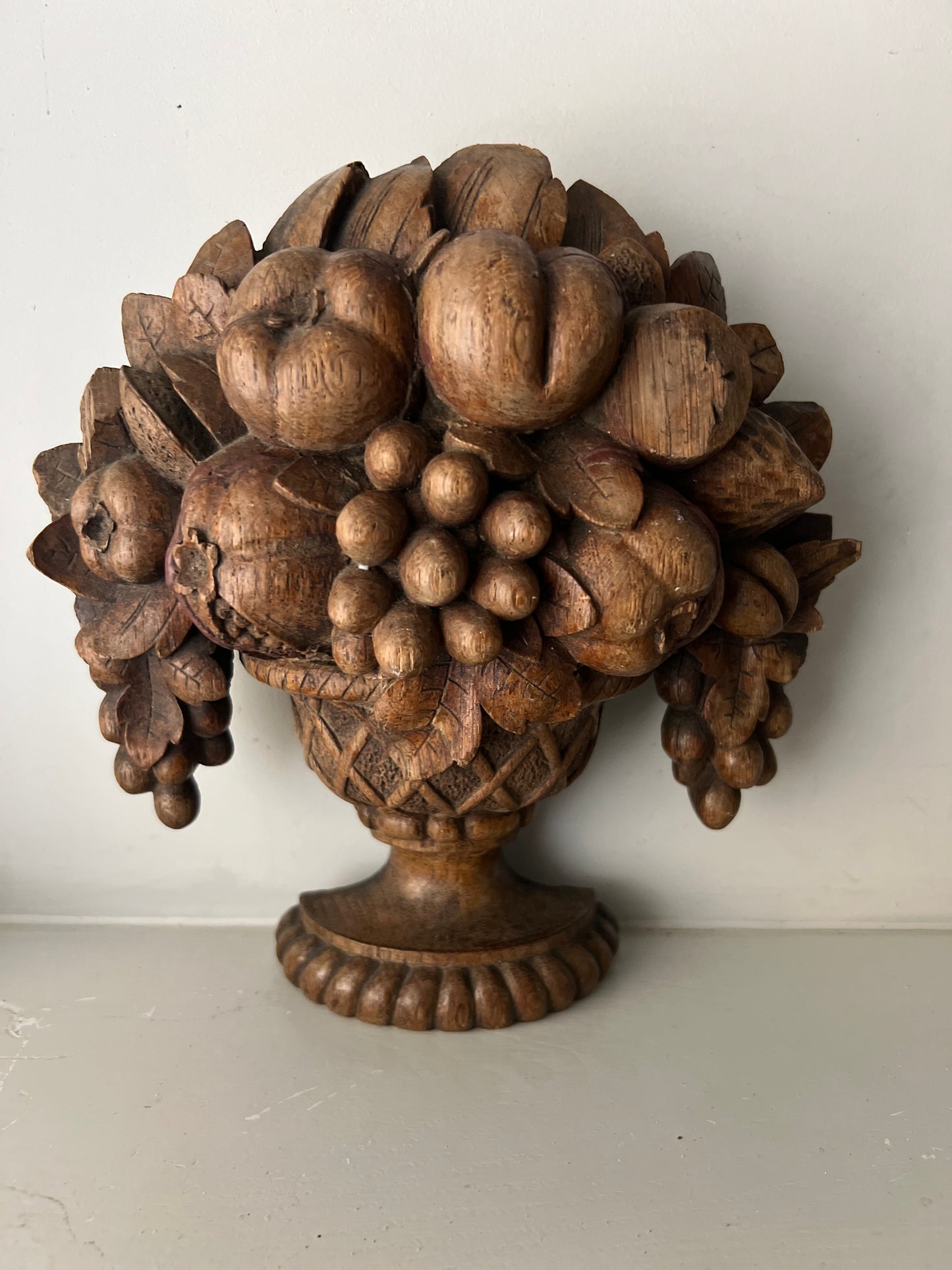 Antique French Wooden Carved Oak Fruits In Urn