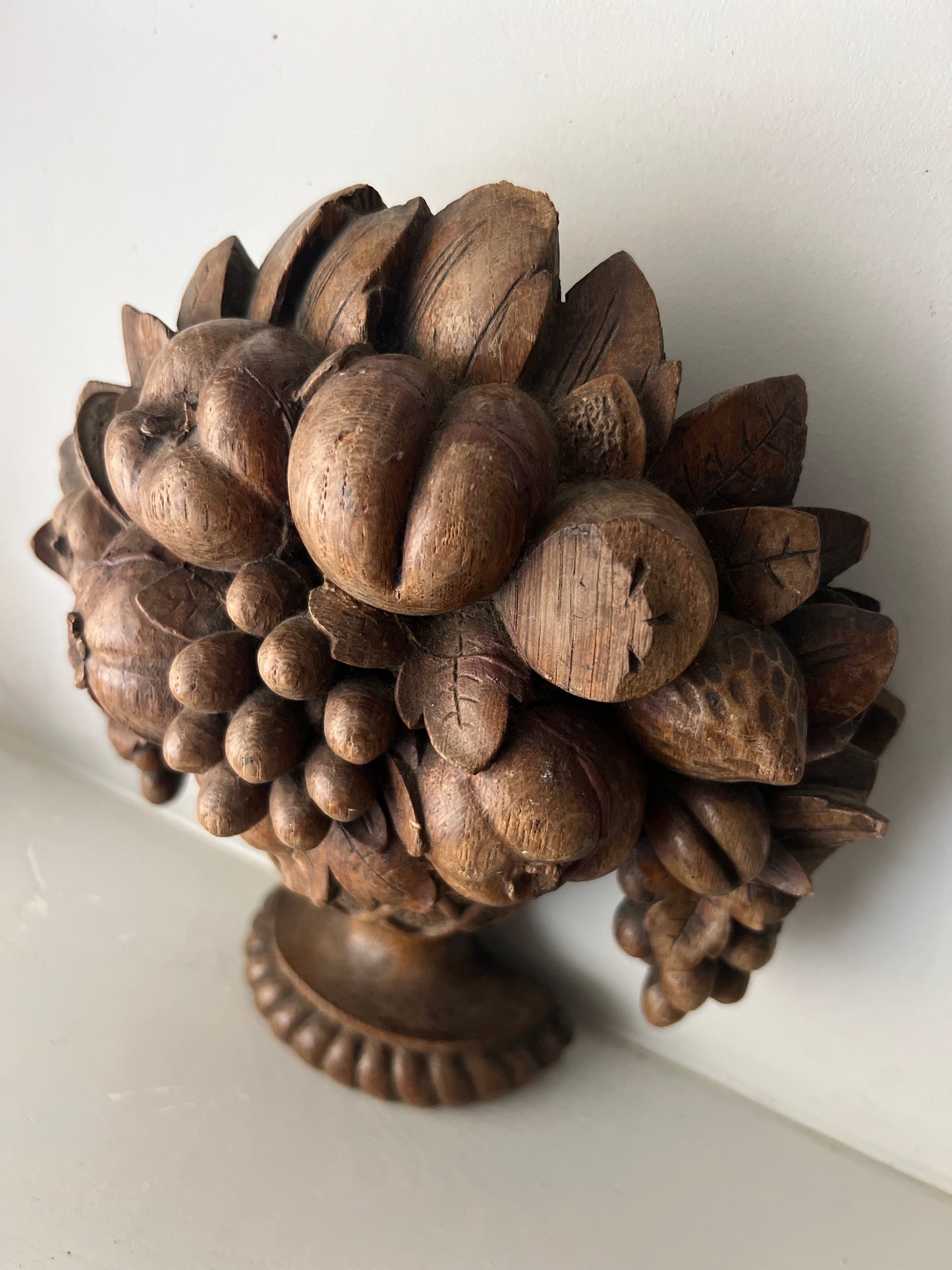 Antique French Wooden Carved Oak Fruits In Urn