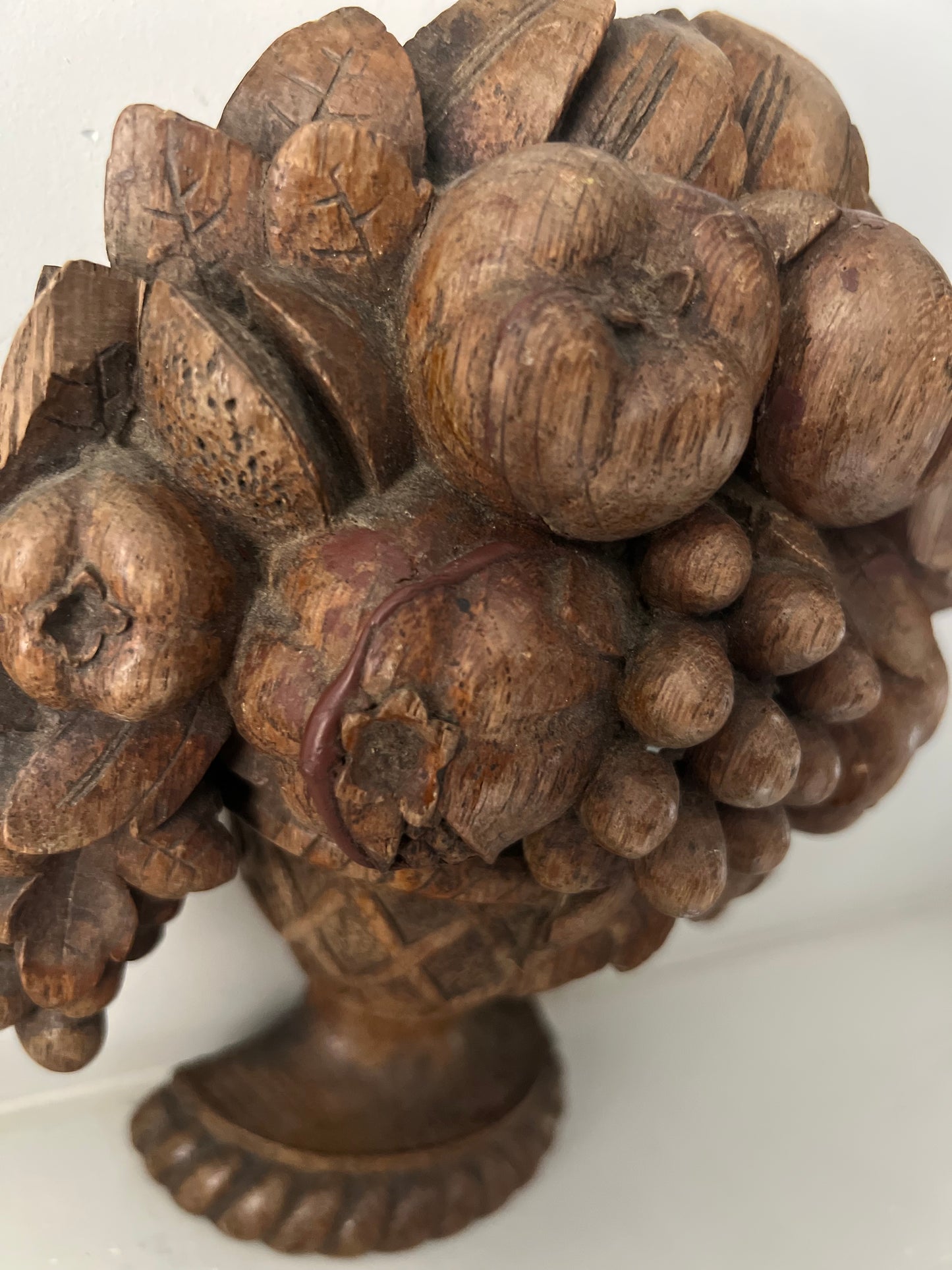 Antique French Wooden Carved Oak Fruits In Urn