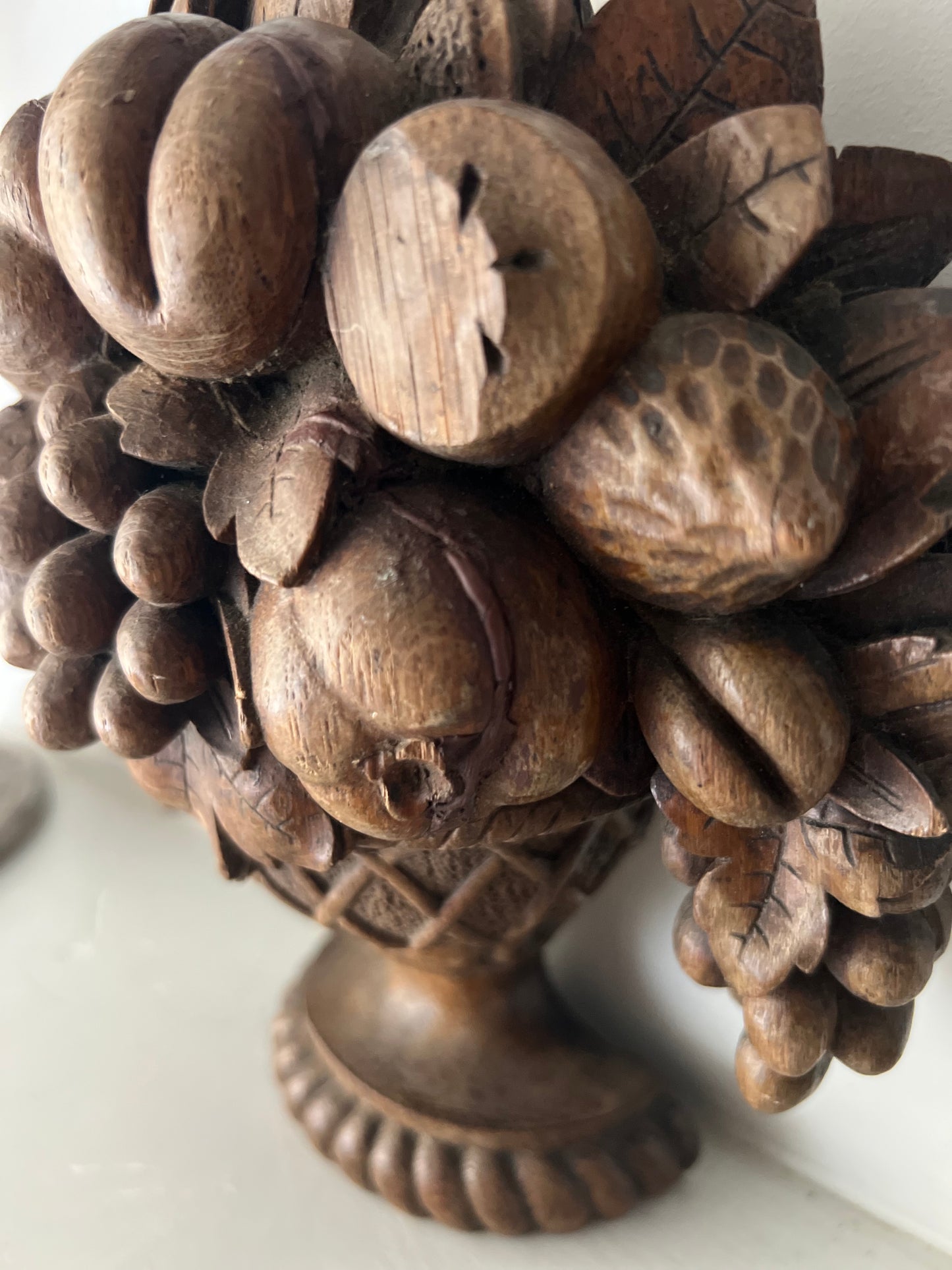 Antique French Wooden Carved Oak Fruits In Urn