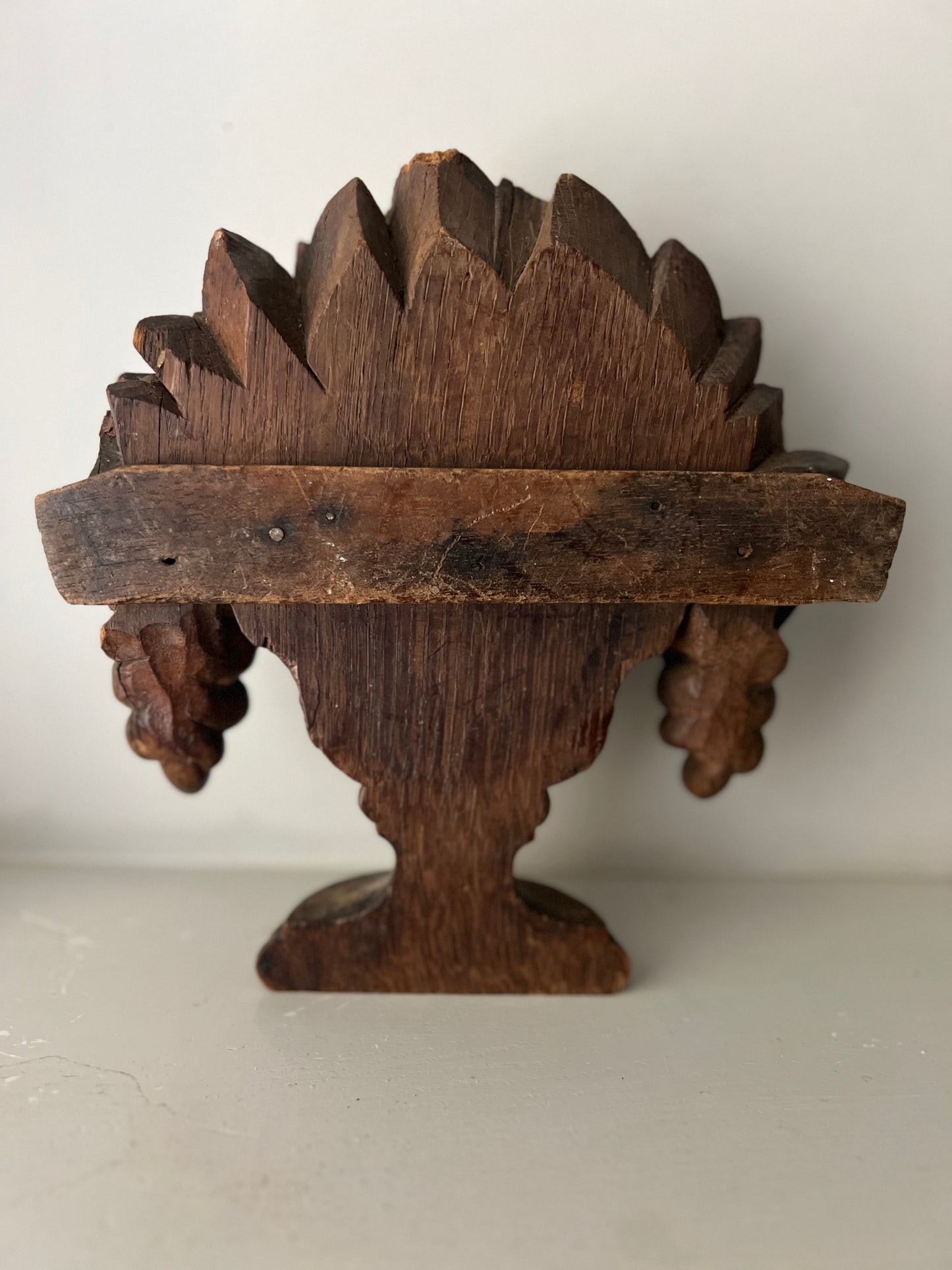 Antique French Wooden Carved Oak Fruits In Urn