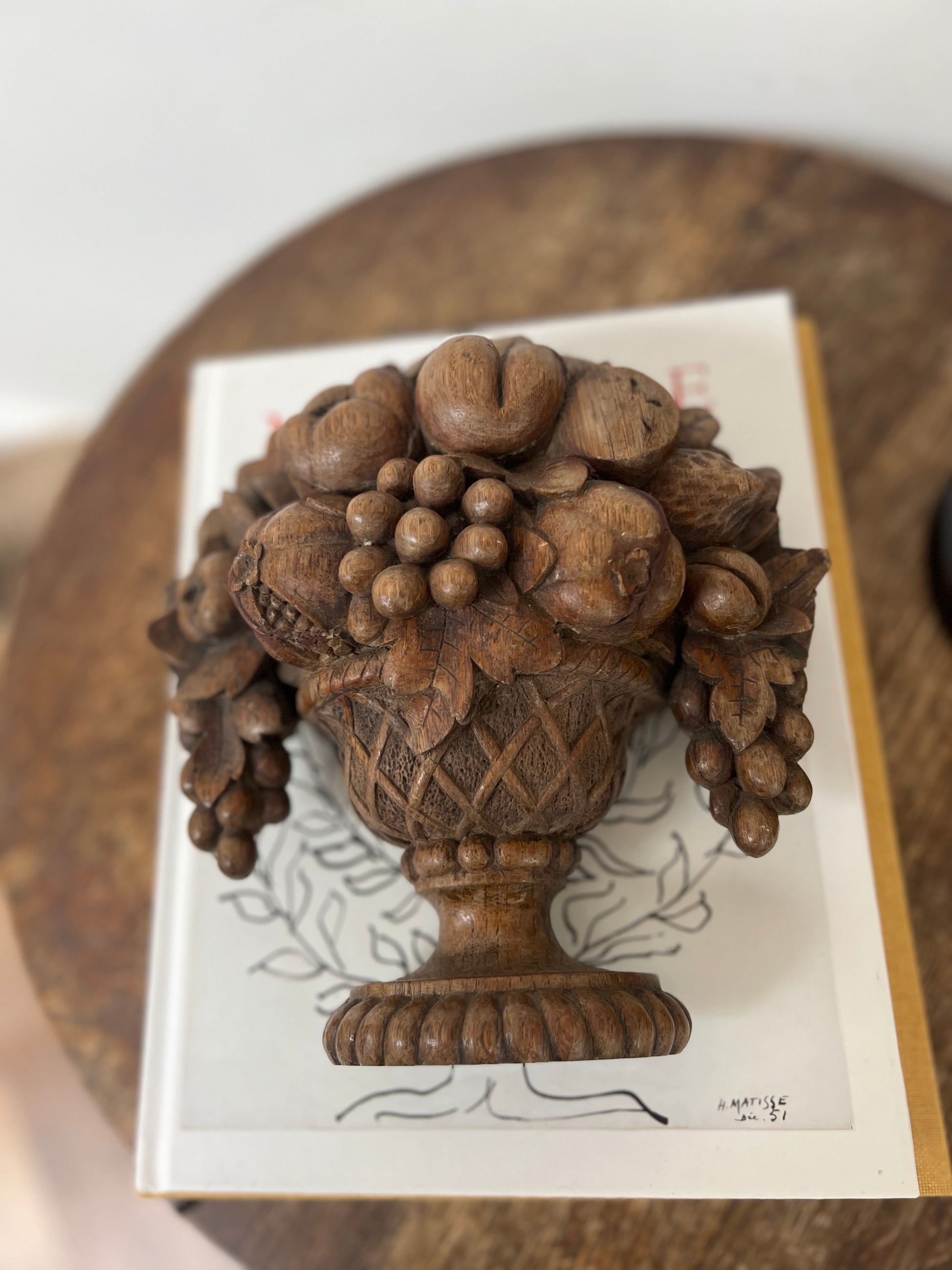 Antique French Wooden Carved Oak Fruits In Urn