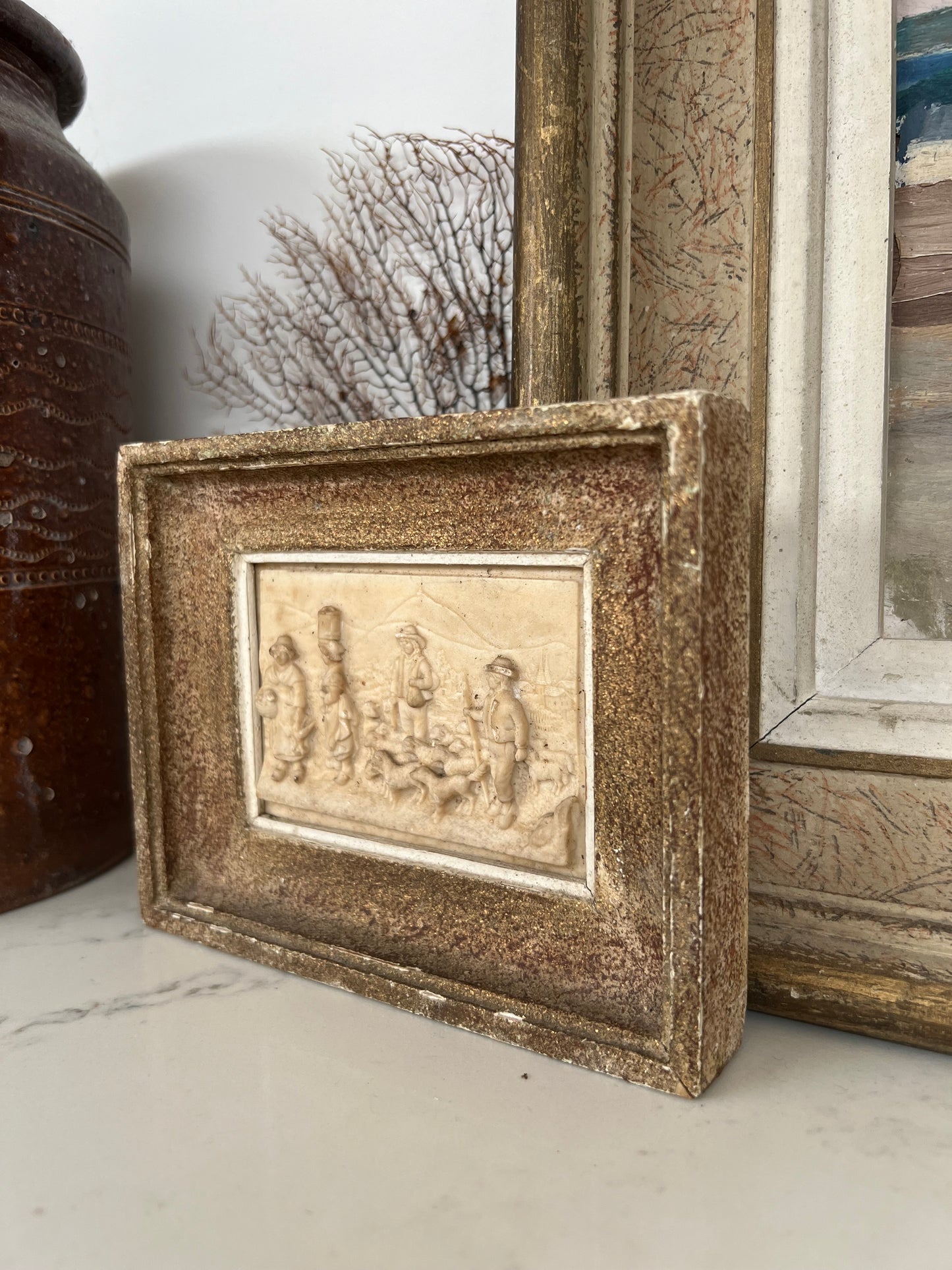 Antique French Carved Stone Relief Panel in Wood Frame