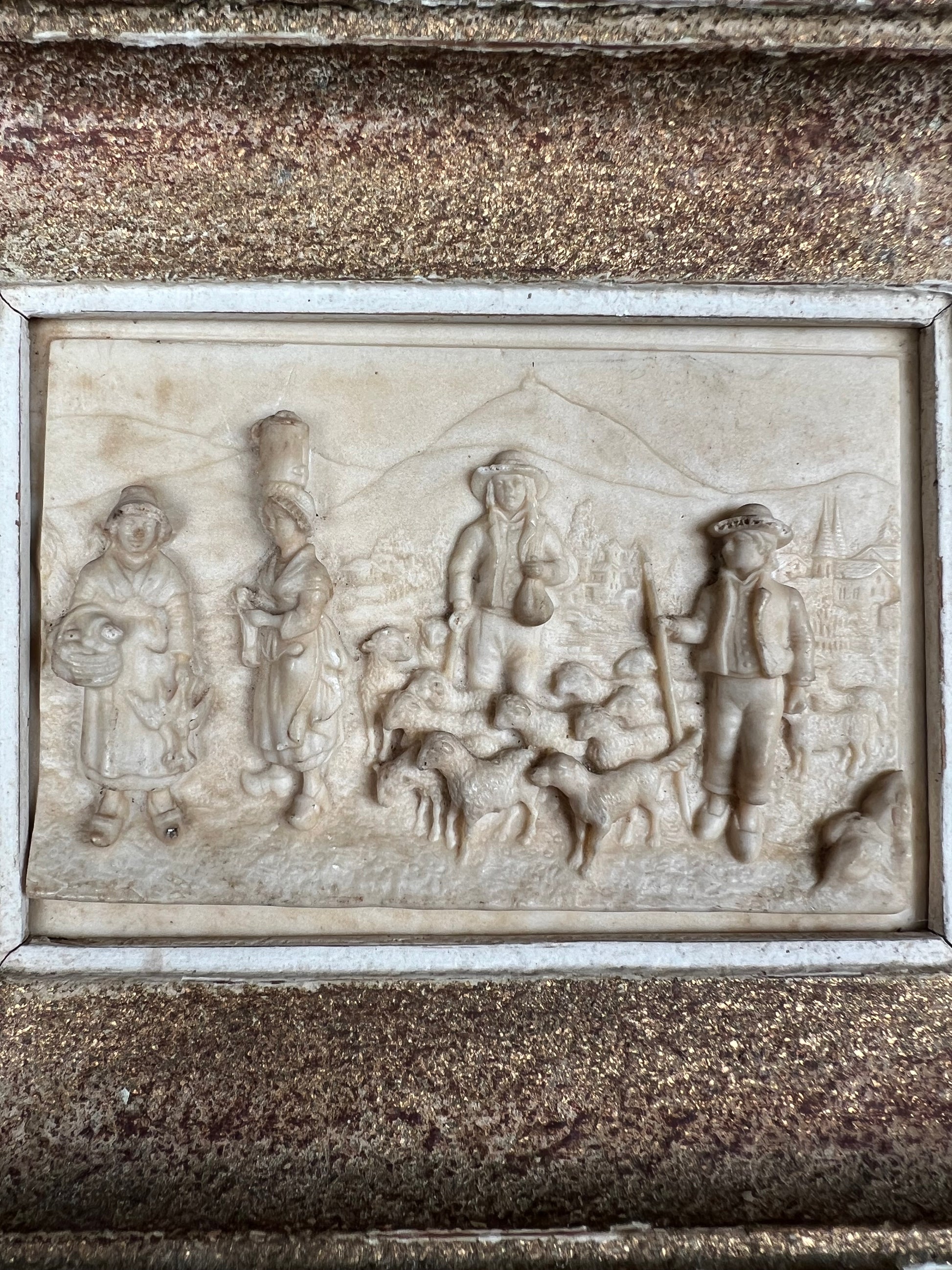 Antique French Carved Stone Relief Panel in Wood Frame