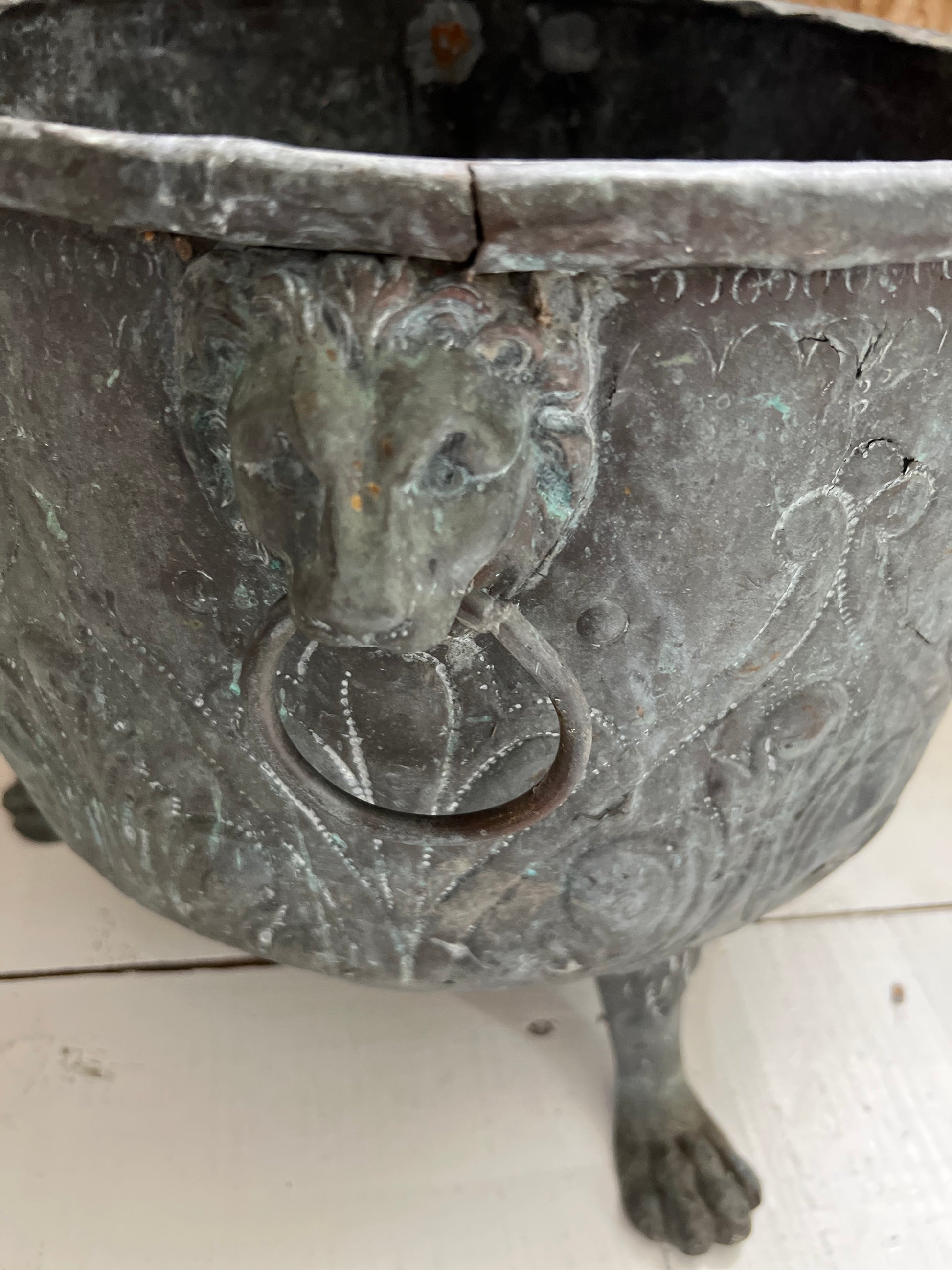 Antique Copper Planter/ Repoussé Log Bin