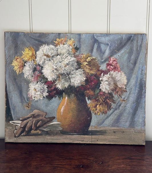 Vintage French Flower & Gloves Still Life Oil on Canvas