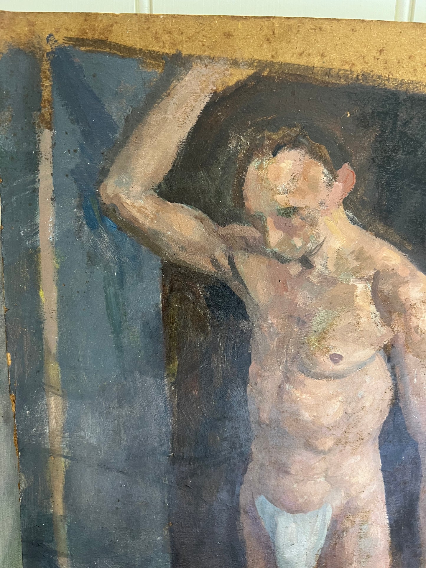 Vintage Male Nude Oil On Card