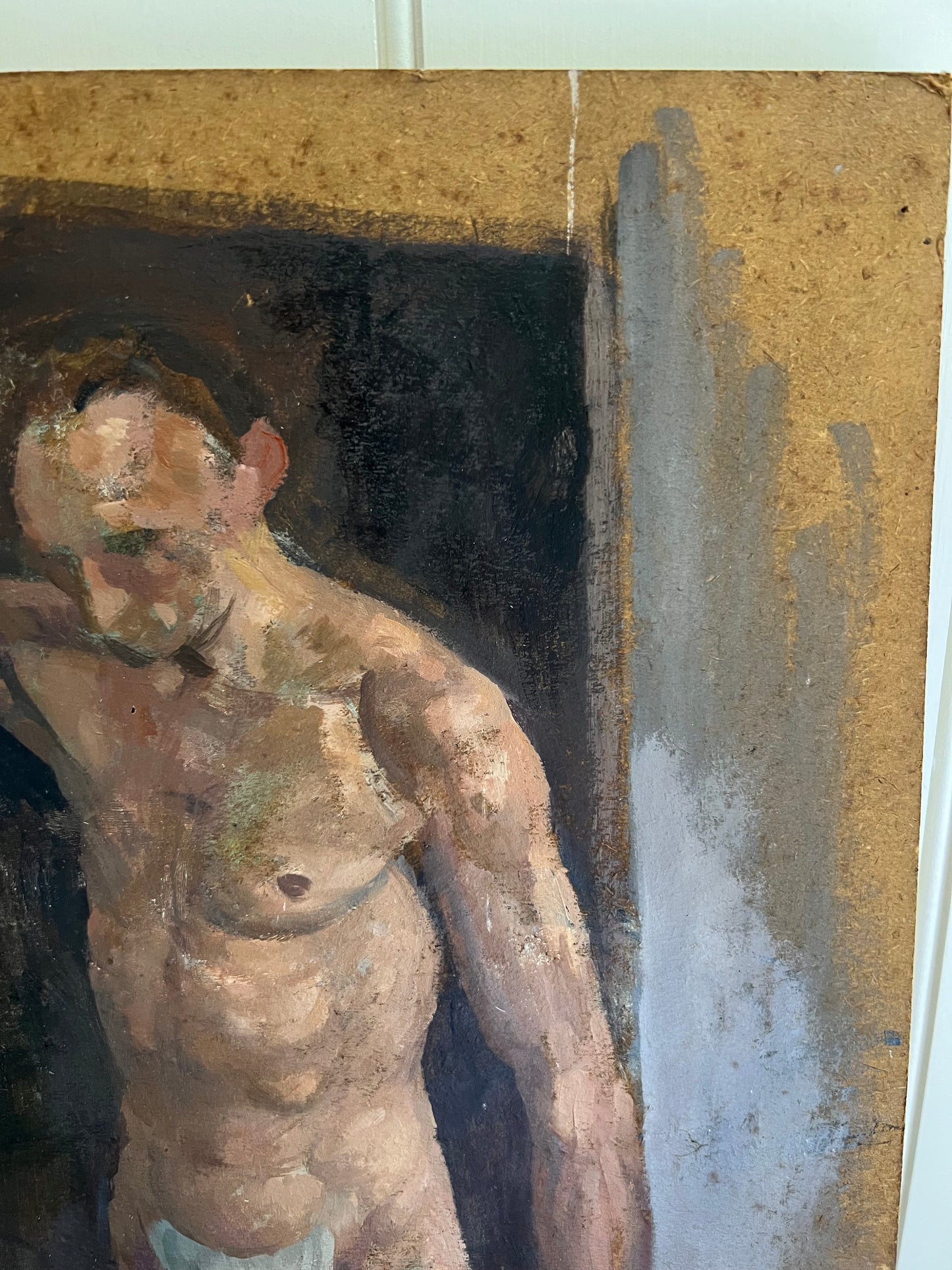 Vintage Male Nude Oil On Card