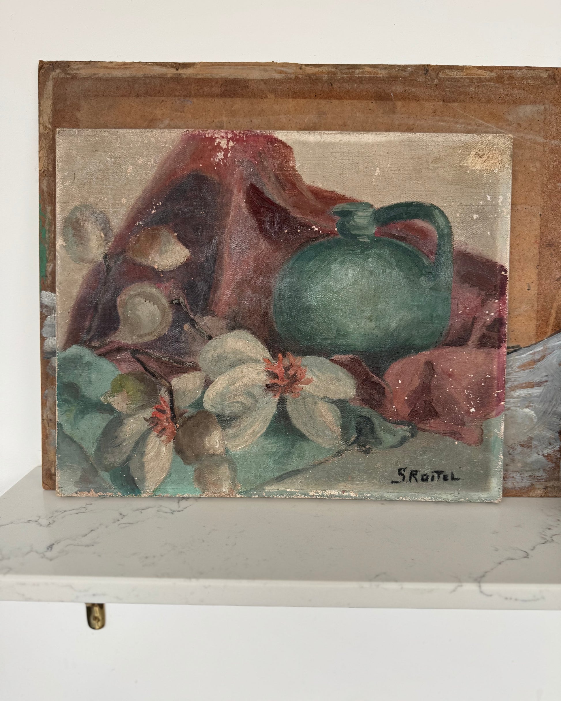 Vintage French Still Life Oil on Canvas Blue Pot