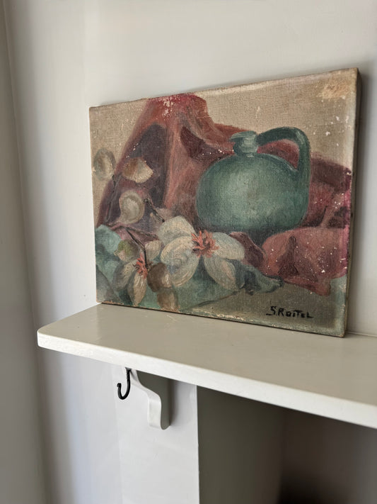 Vintage French Still Life Oil on Canvas Blue Pot