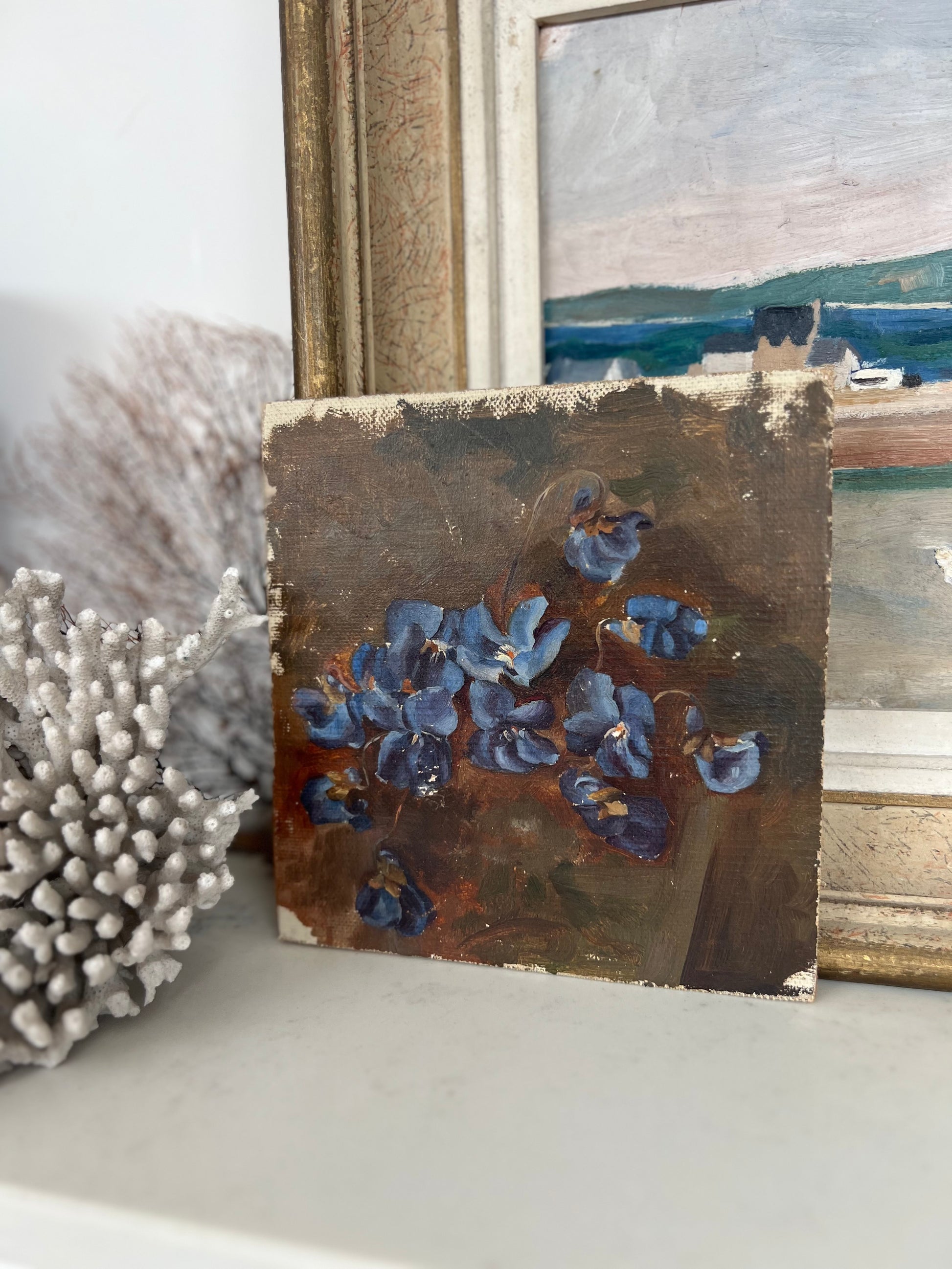 Vintage French Small Oil on Canvas Violets