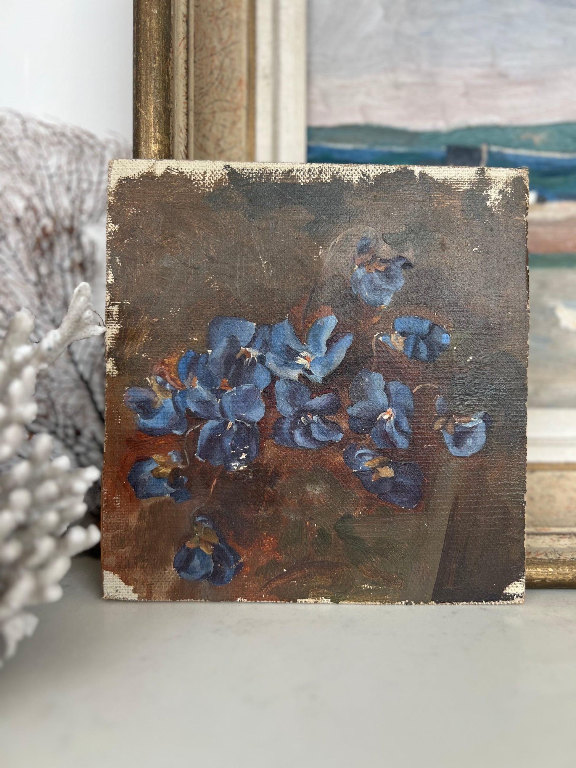 Vintage French Small Oil on Canvas Violets