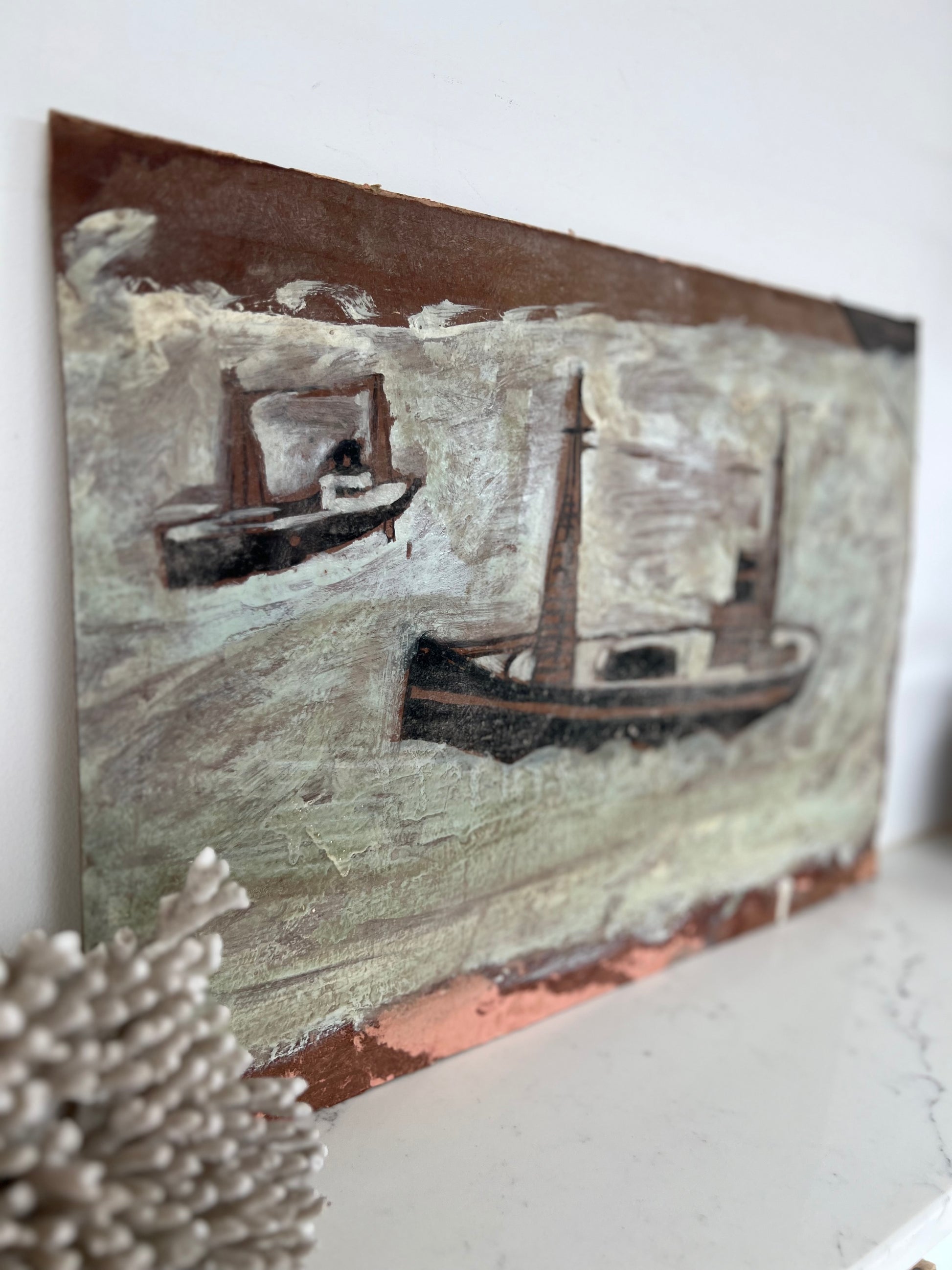 Vintage Naive Painting Of Boats On Board In The Style Of Alfred Wallis