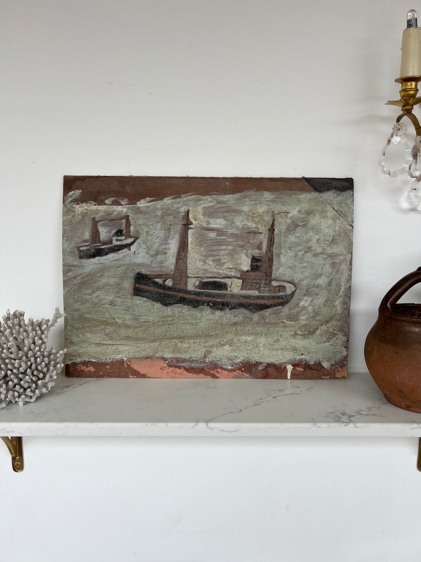 Vintage Naive Painting Of Boats On Board In The Style Of Alfred Wallis