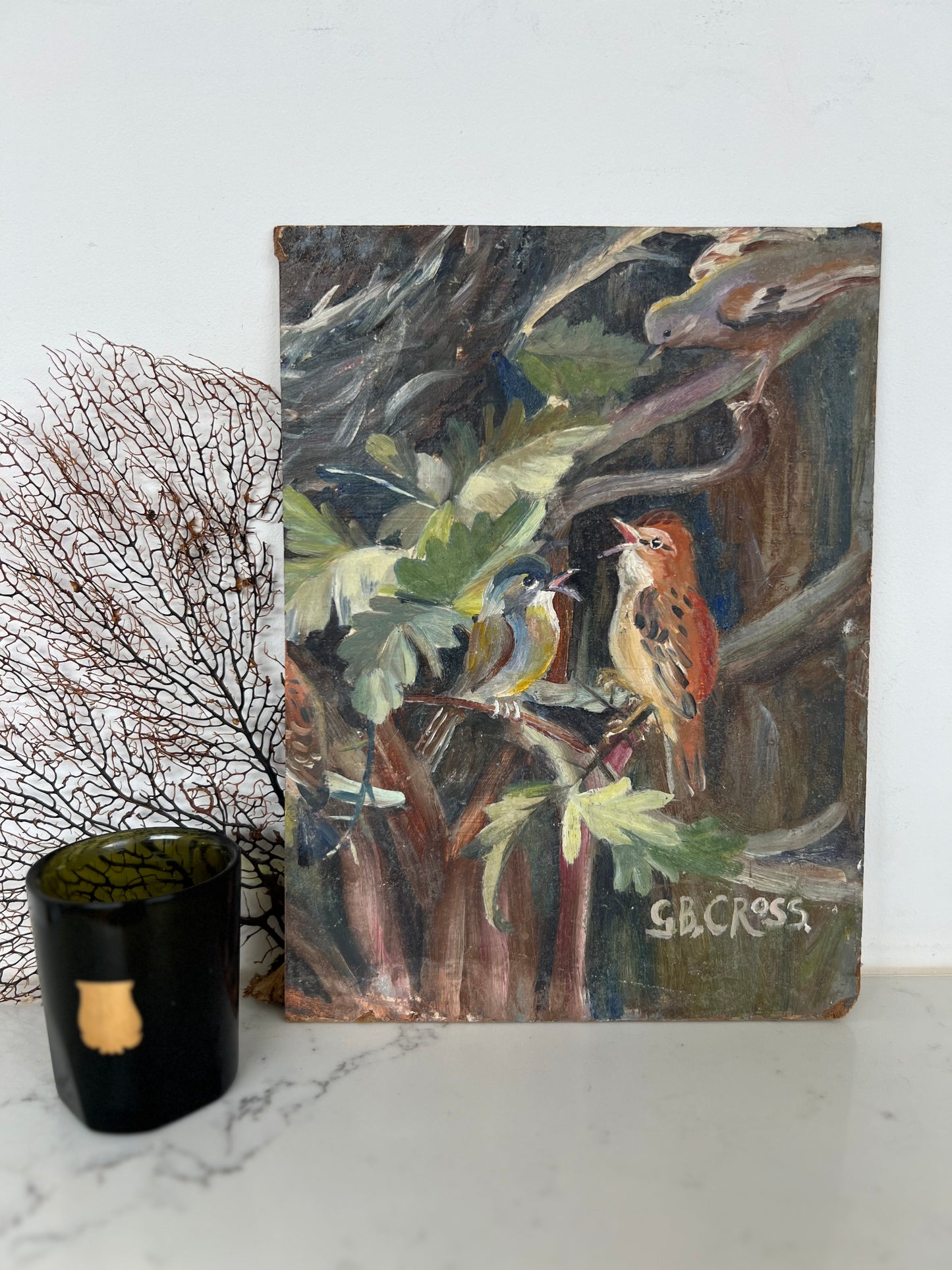 Small Vintage Oil on Board Birds