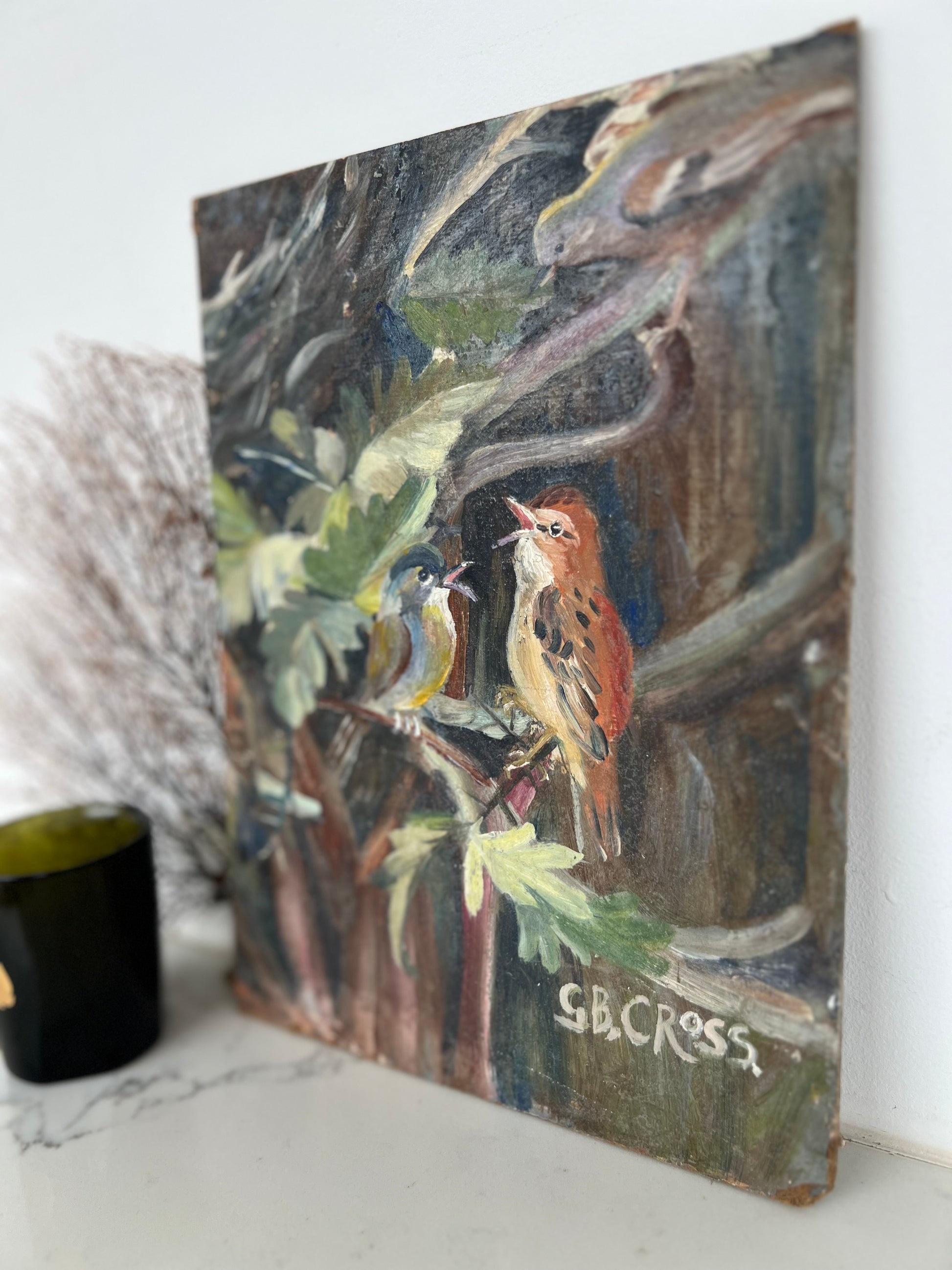 Small Vintage Oil on Board Birds