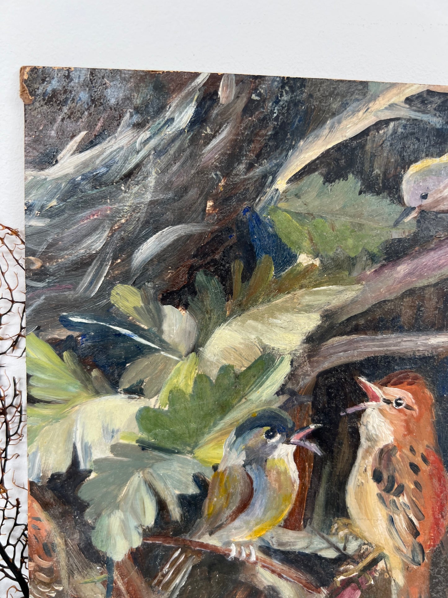 Small Vintage Oil on Board Birds