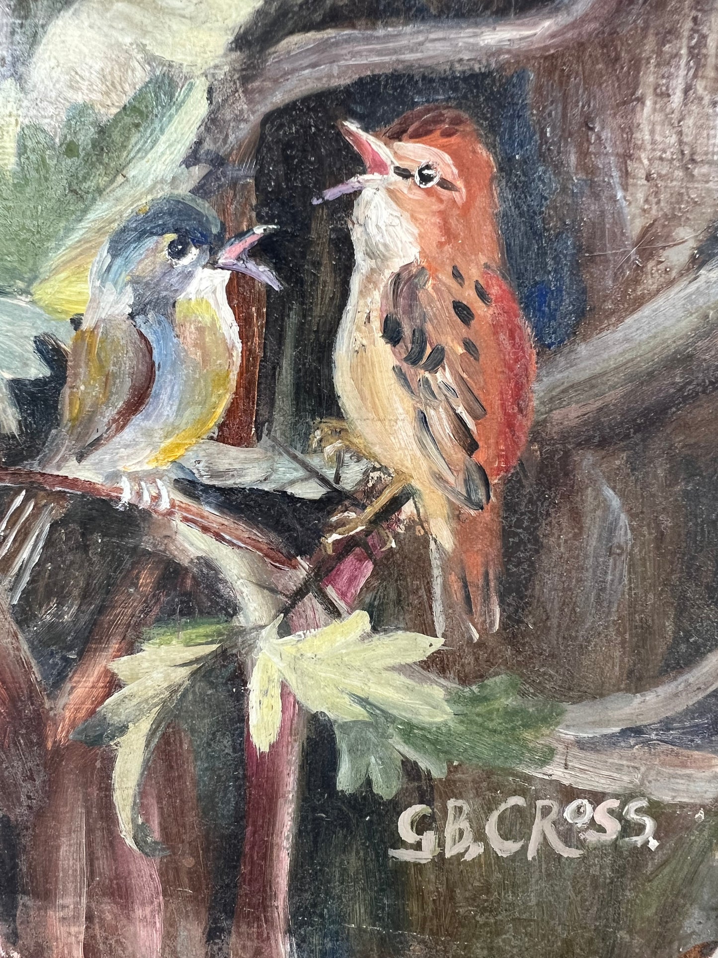 Small Vintage Oil on Board Birds