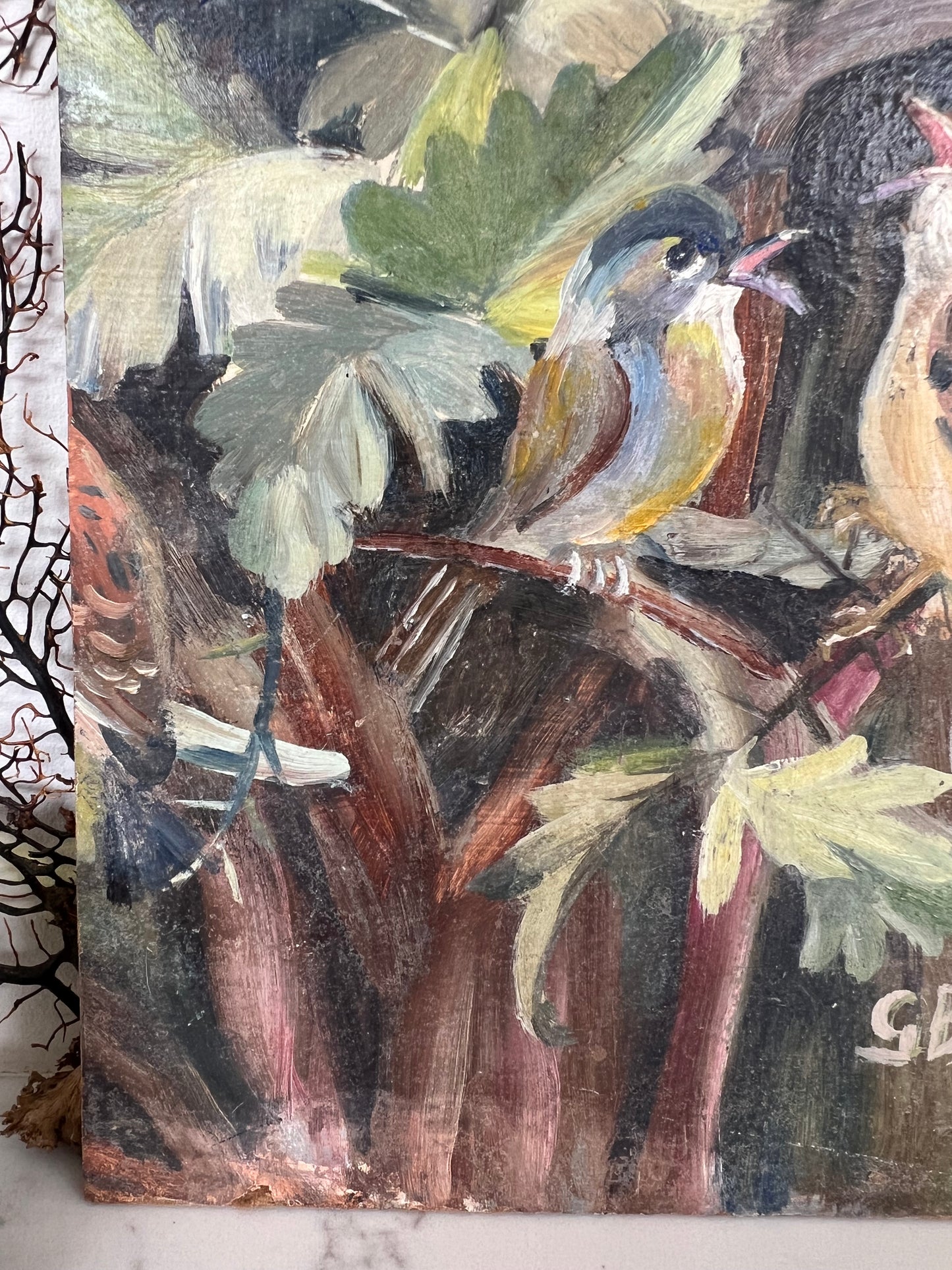 Small Vintage Oil on Board Birds