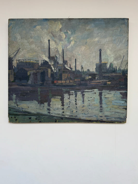 Large Vintage Industrial Landscape Oil On Canvas