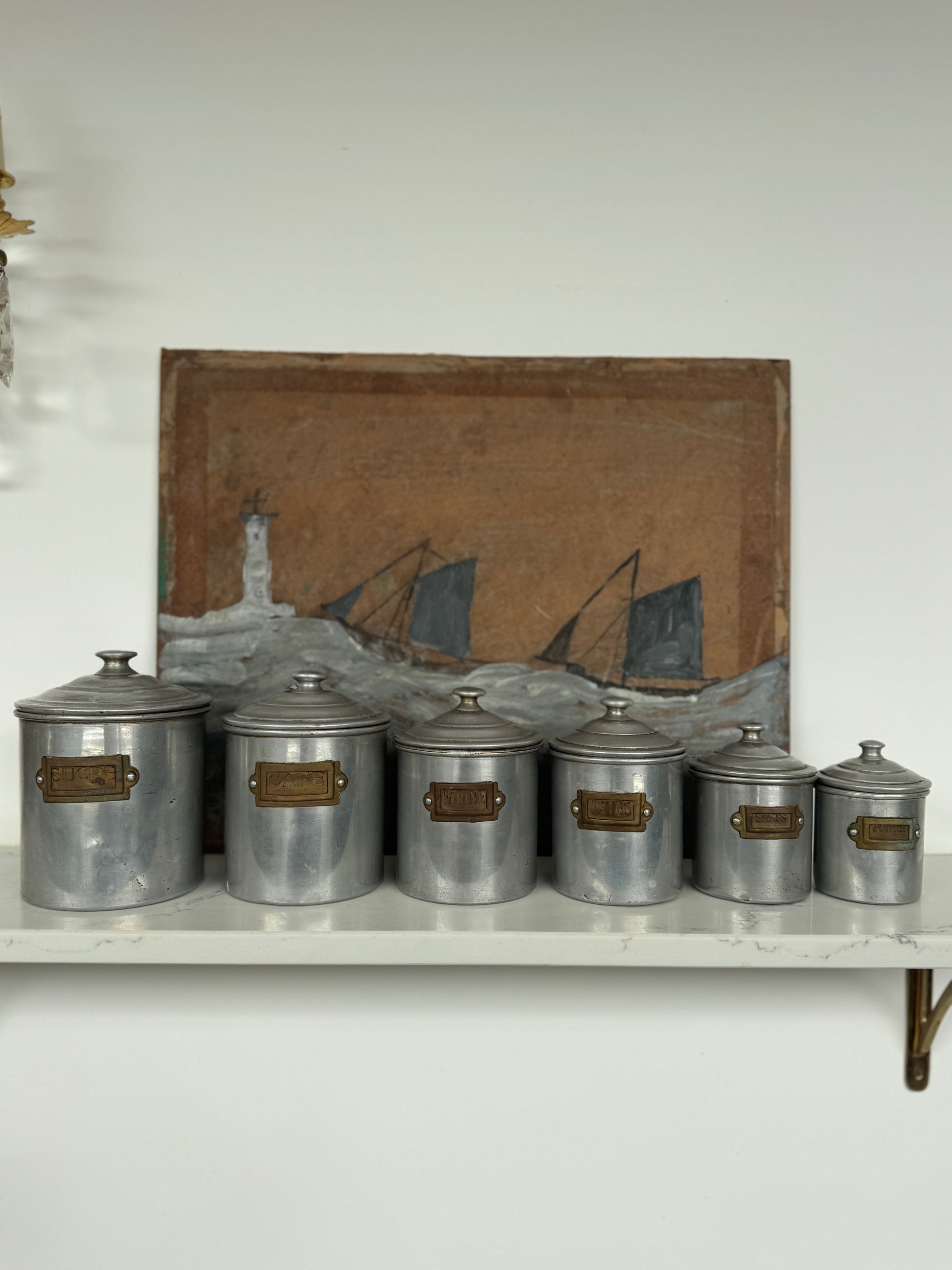 Set Of 6 Vintage French Aluminium Stacking Canisters