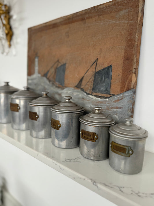 Set Of 6 Vintage French Aluminium Stacking Canisters
