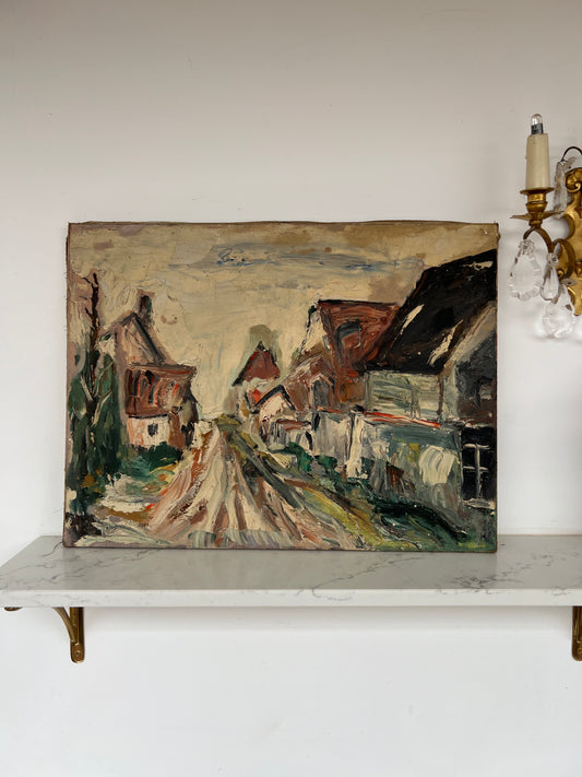 Vintage French Rural Village Scene Oil on Canvas