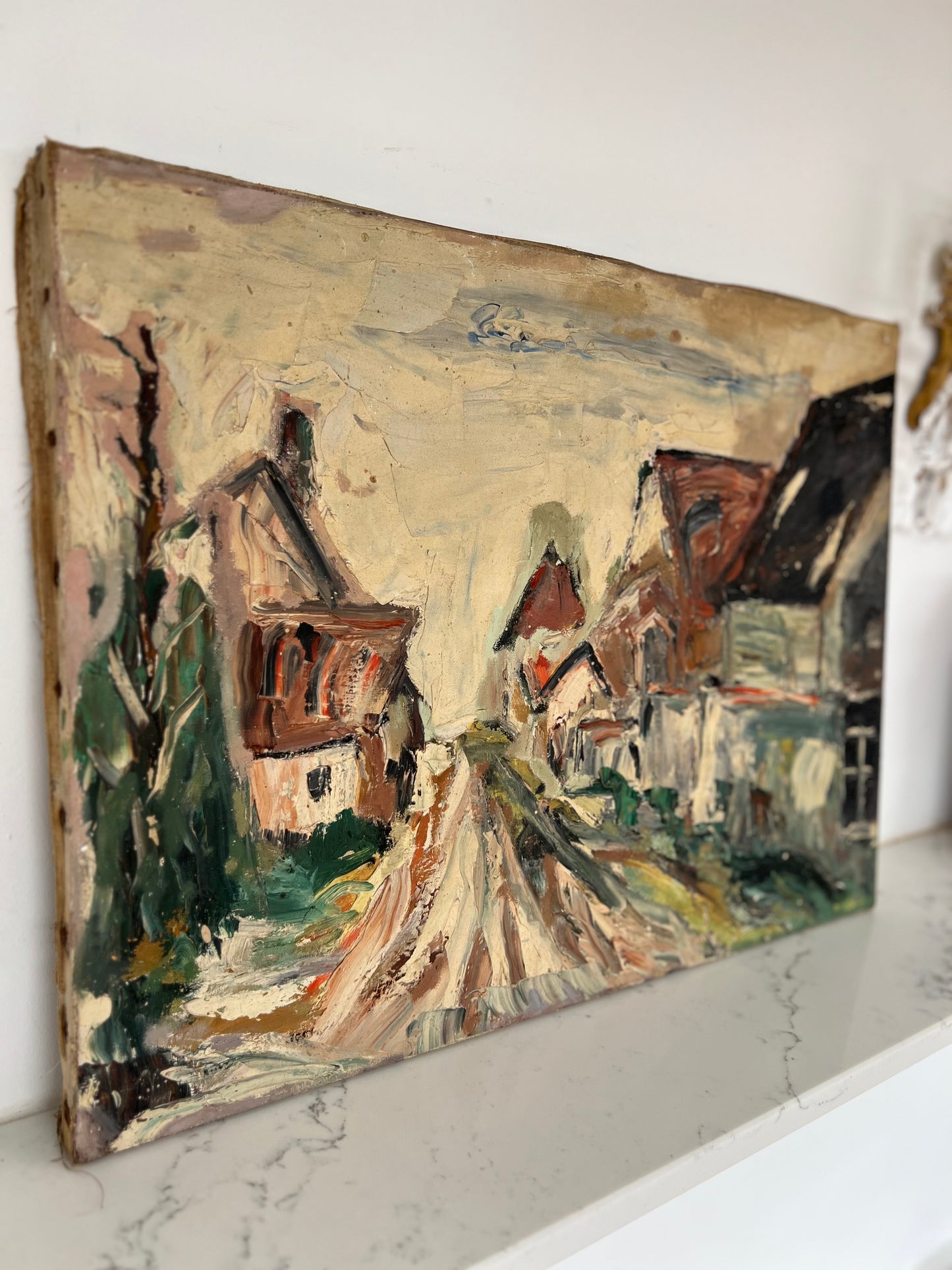 Vintage French Rural Village Scene Oil on Canvas