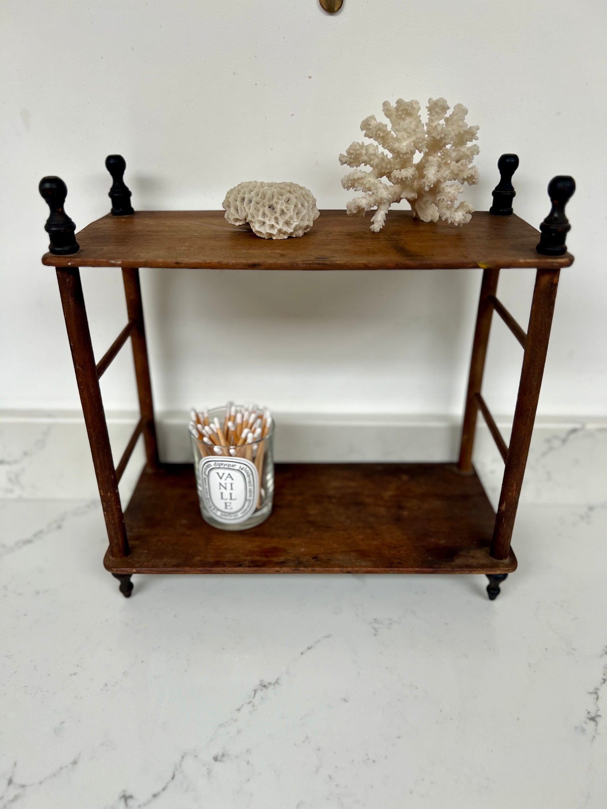 Antique Small Hanging Shelves With Ebonised Finials