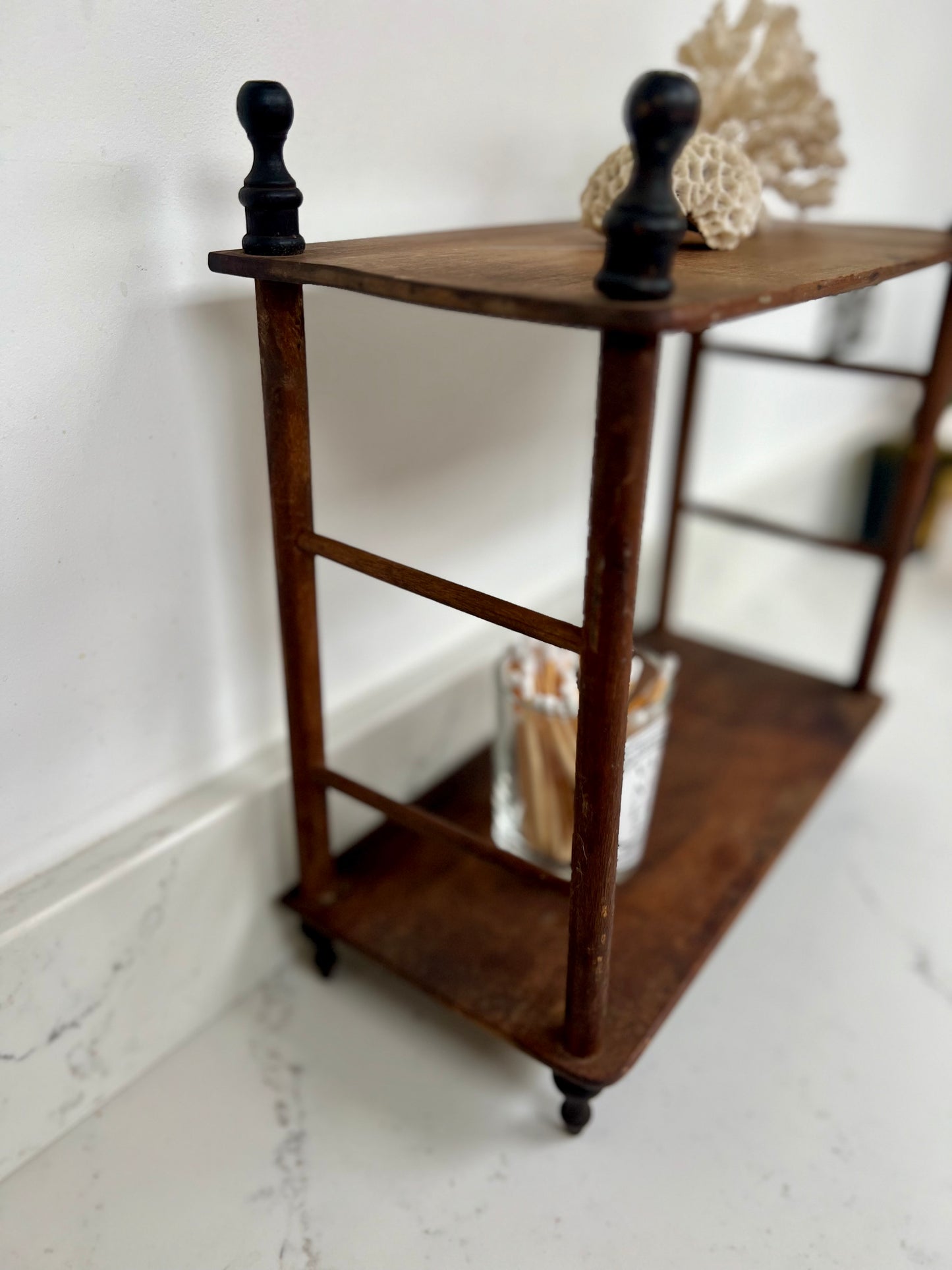 Antique Small Hanging Shelves With Ebonised Finials