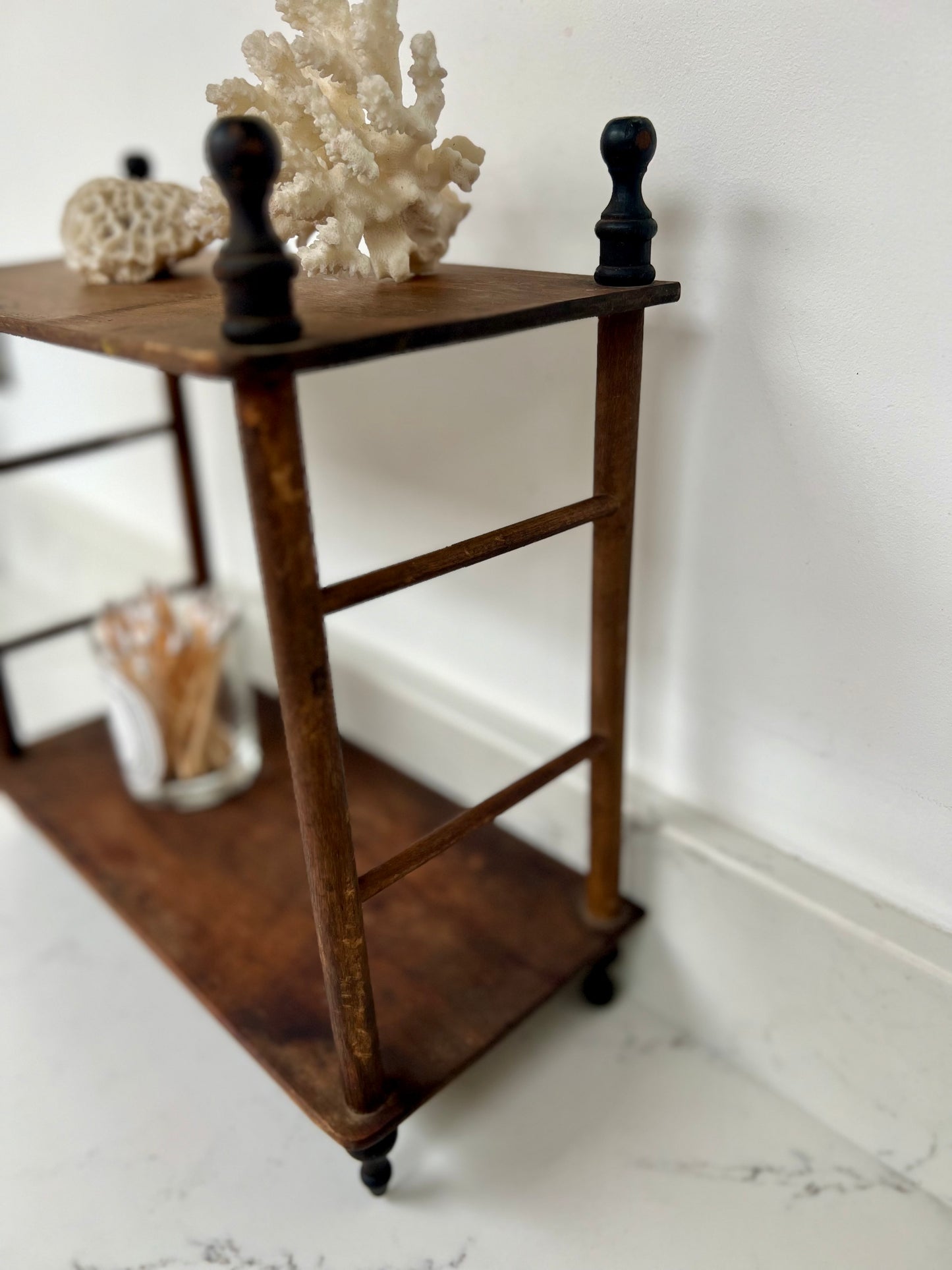 Antique Small Hanging Shelves With Ebonised Finials