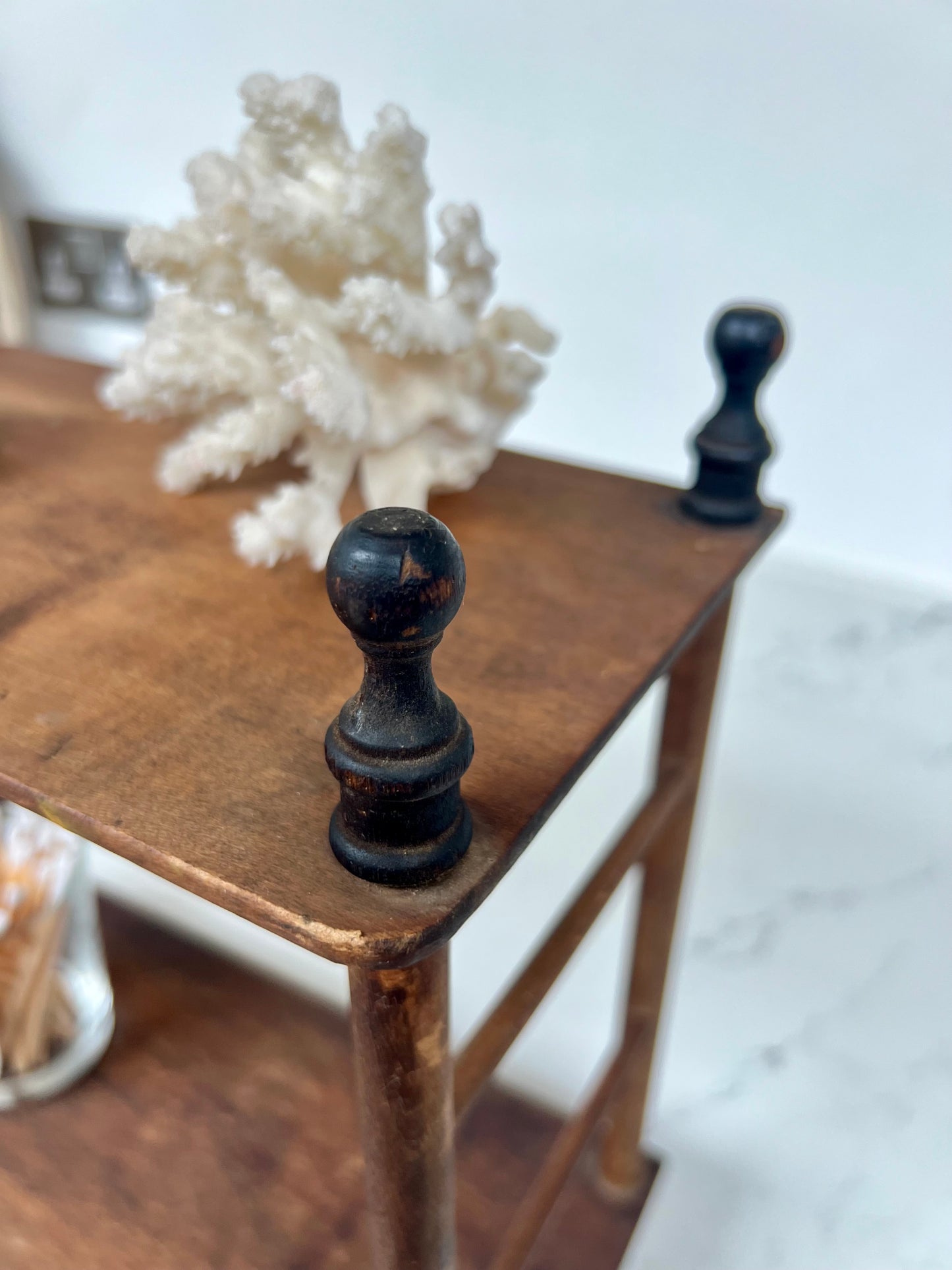 Antique Small Hanging Shelves With Ebonised Finials