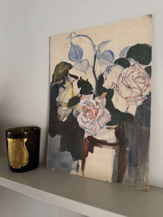 Vintage Unfinished Roses Still Life On Board