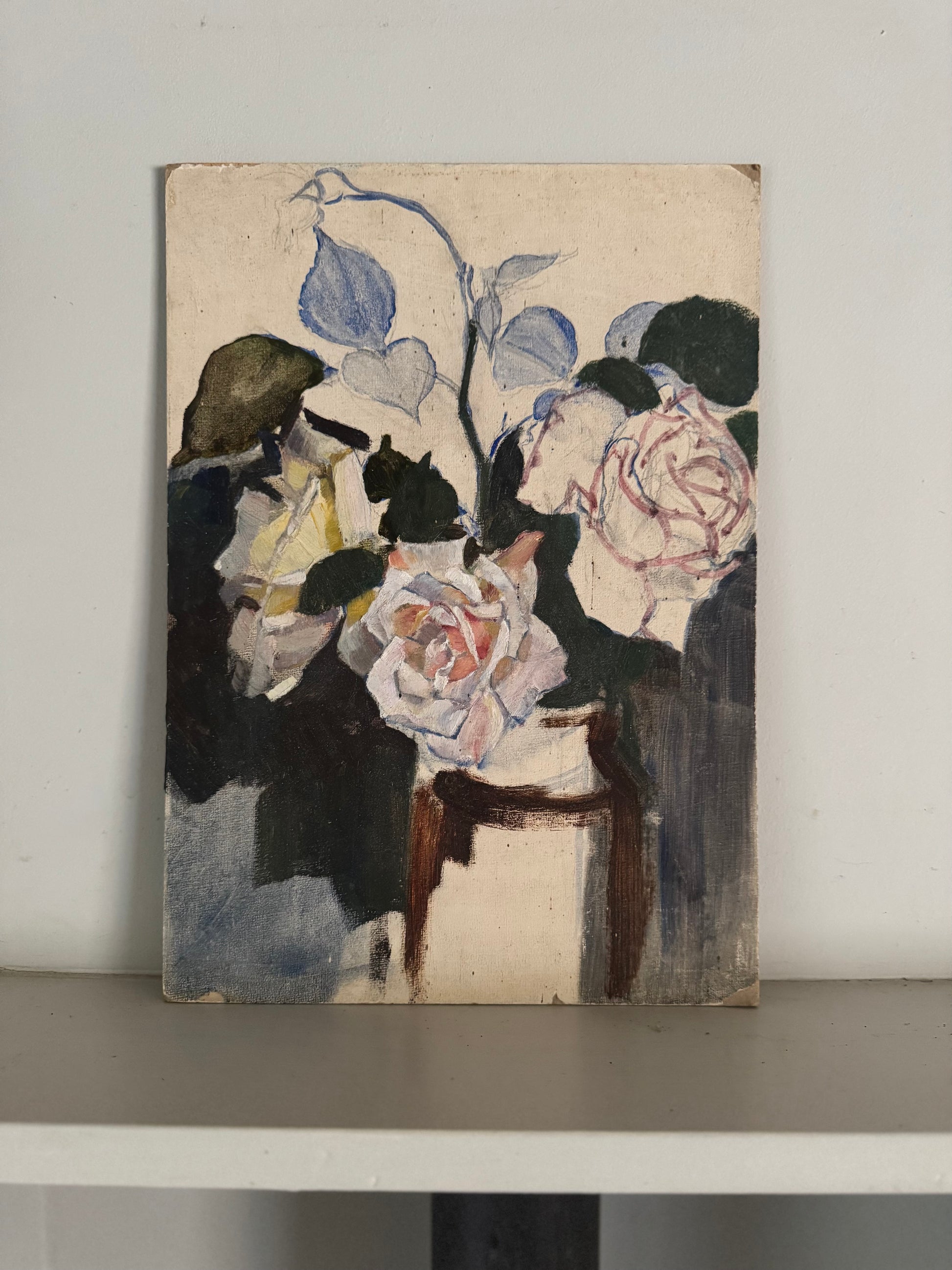 Vintage Unfinished Roses Still Life On Board