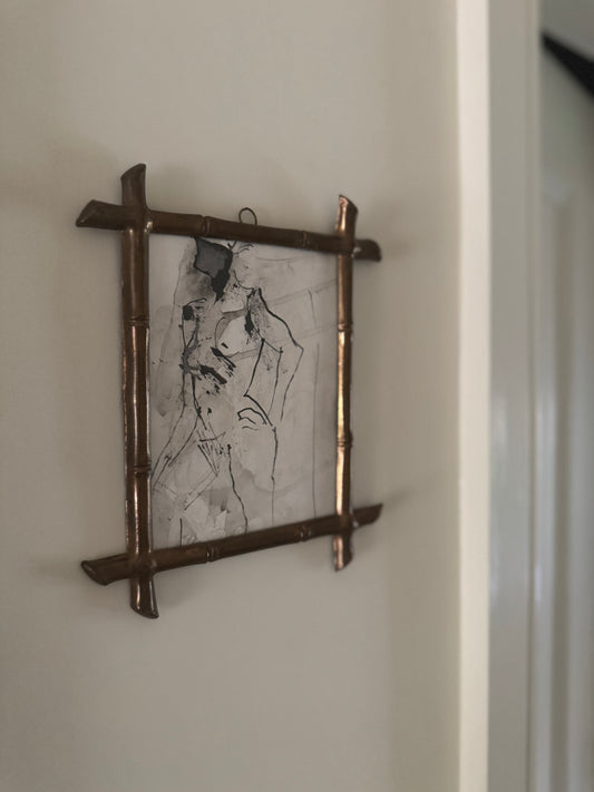 Small Vintage Ink Nude Drawing In French Faux Bamboo Brass Frame
