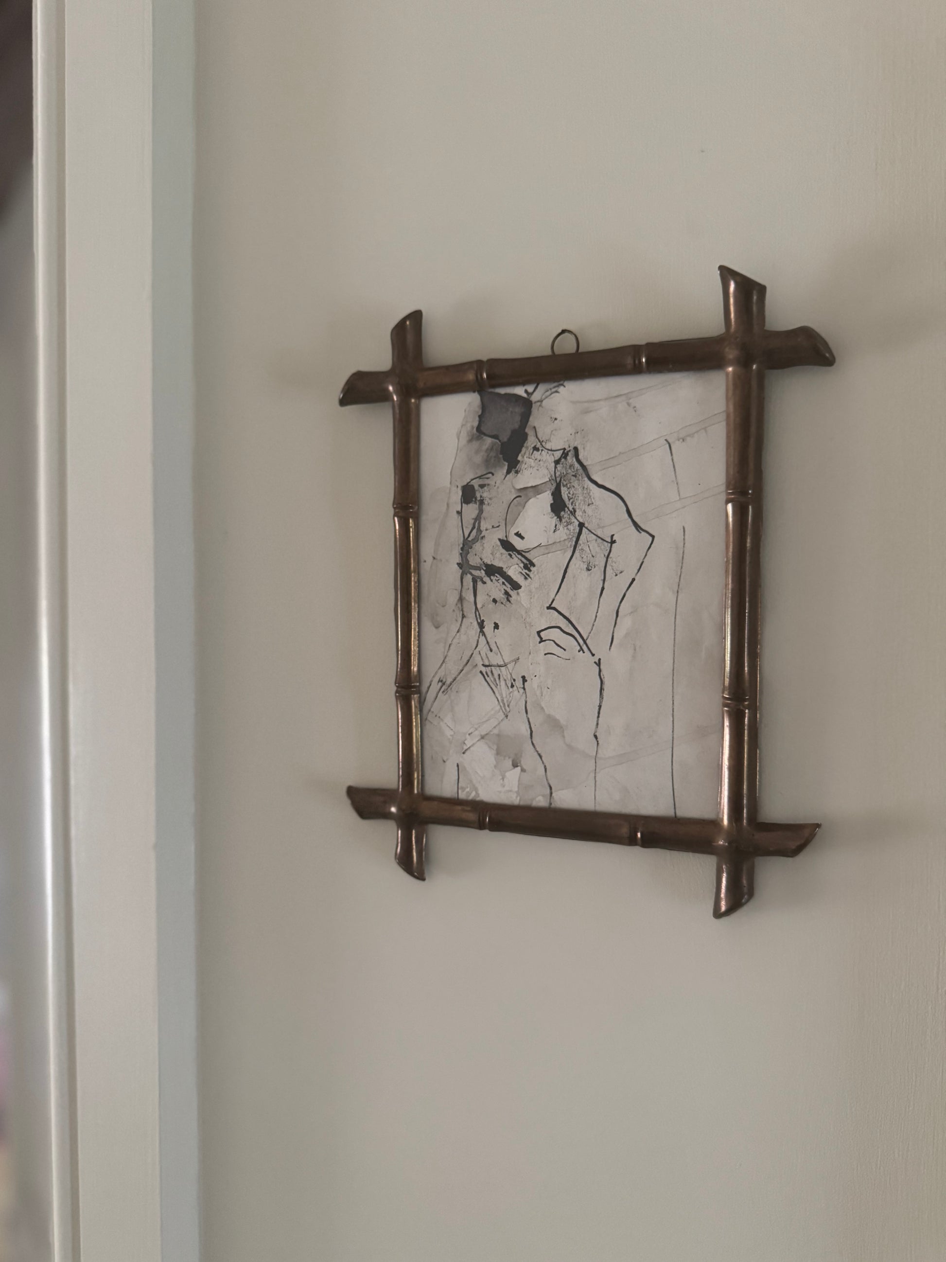 Small Vintage Ink Nude Drawing In French Faux Bamboo Brass Frame